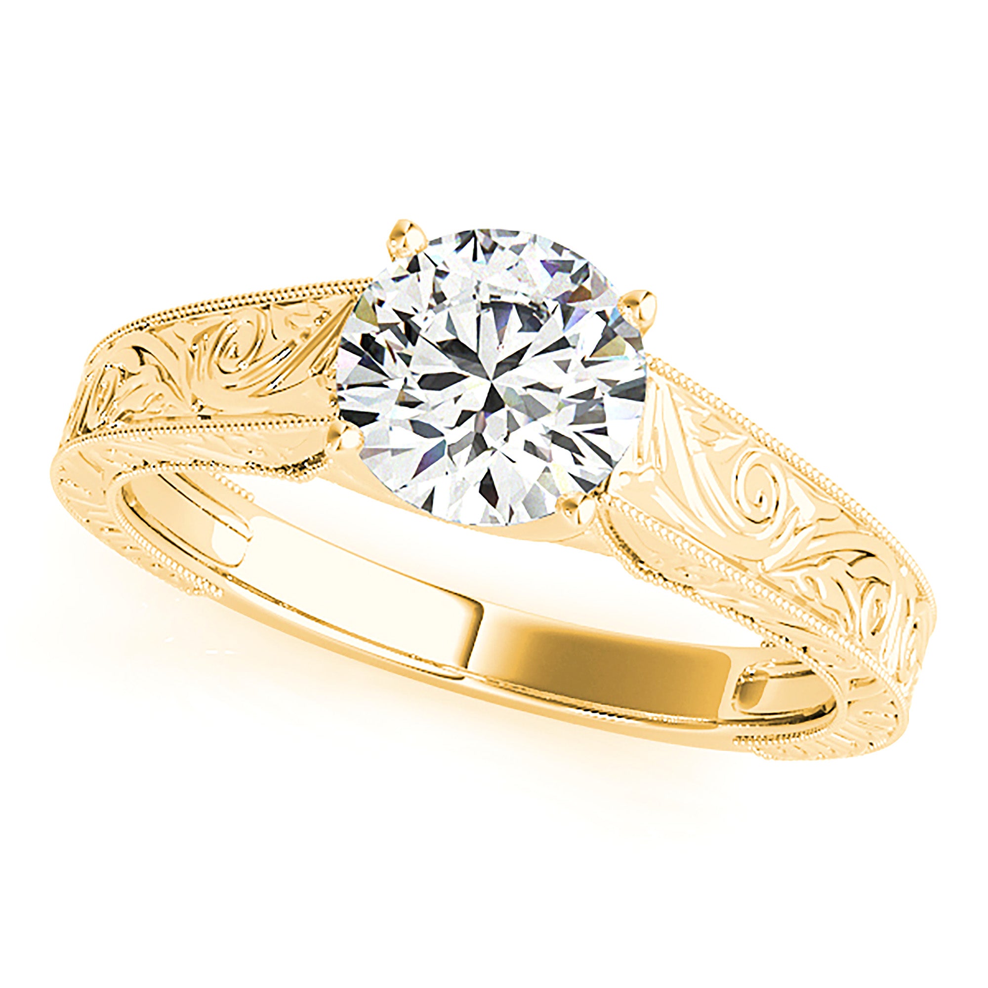 Hand Engraved Lucida Style Solitaire Engagement Ring-in 14K/18K White, Yellow, Rose Gold and Platinum - Christmas Jewelry Gift -VIRABYANI