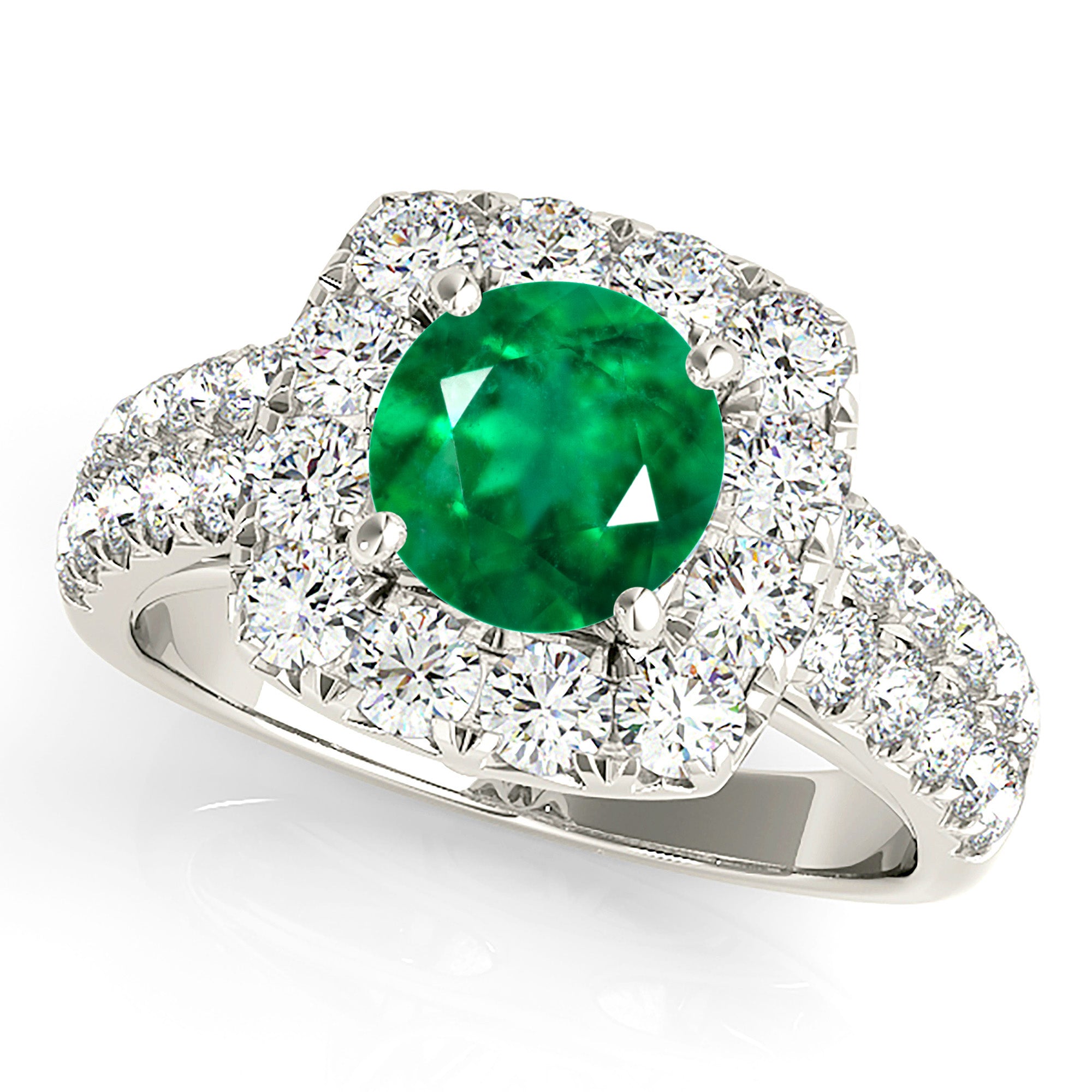 2.00 ct. Genuine Emerald Halo Ring With 1.00 ctw. Double Row Side Diamonds-in 14K/18K White, Yellow, Rose Gold and Platinum - Christmas Jewelry Gift -VIRABYANI