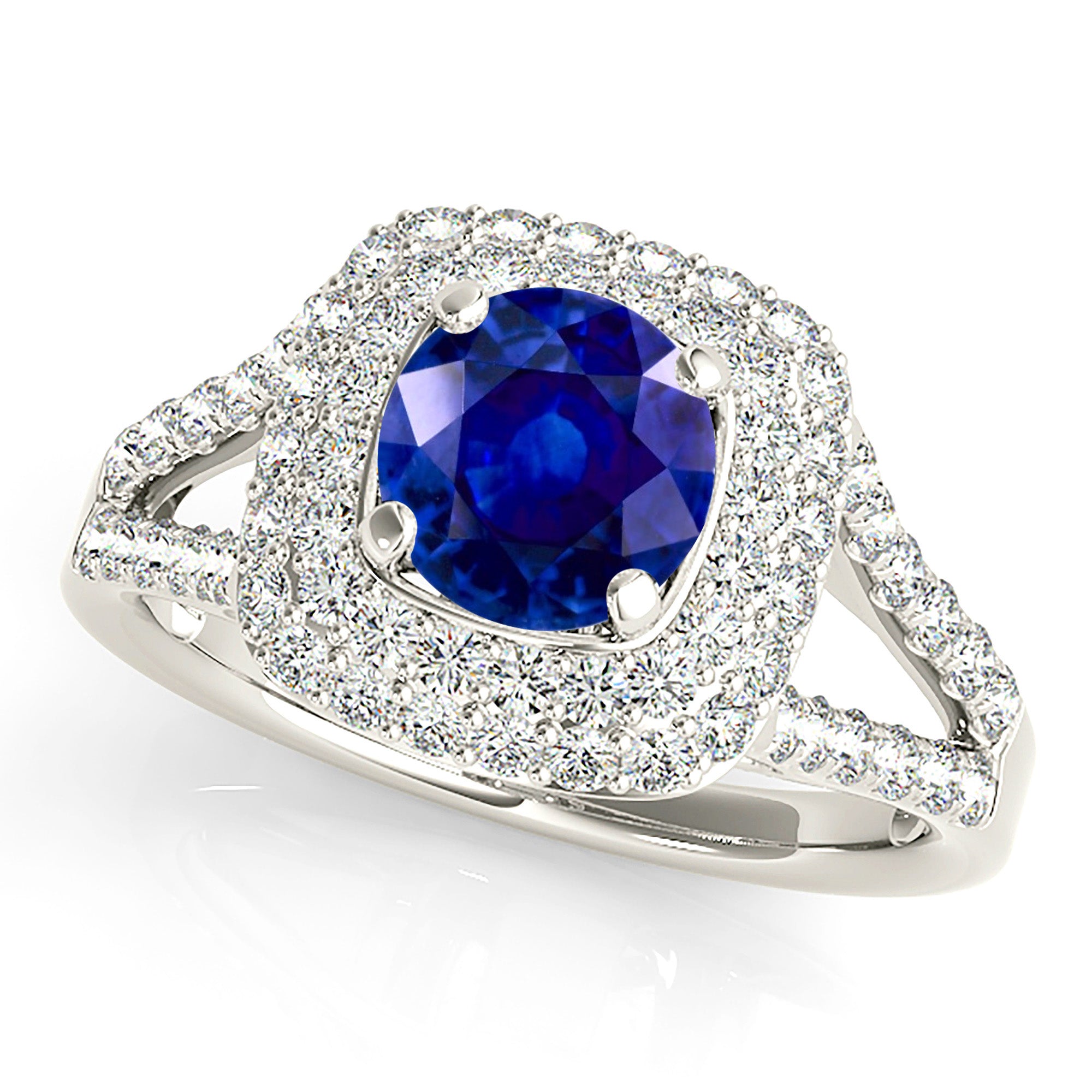 1.35 ct. Genuine Blue Round Sapphire Ring With 0.70 ctw. Double Row Diamond Cushion Halo, Split V Diamond Shank | Sapphire And Diamond Ring-in 14K/18K White, Yellow, Rose Gold and Platinum - Christmas Jewelry Gift -VIRABYANI