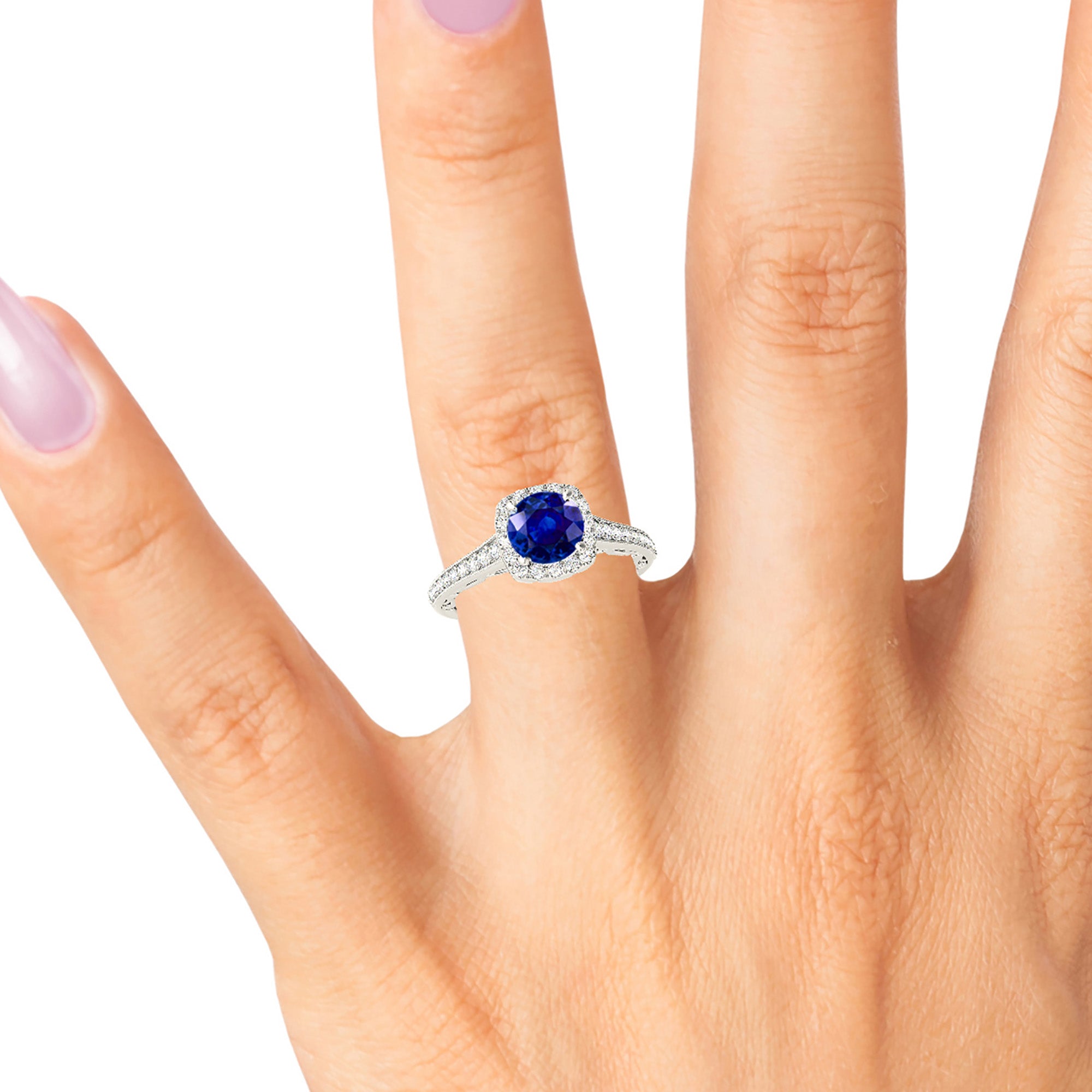 1.80 ct. Genuine Blue Round Sapphire Ring with 0.35 ctw. Diamond Cushion Halo, Filigree Side Accent Diamond Band | Round Sapphire Halo Ring-in 14K/18K White, Yellow, Rose Gold and Platinum - Christmas Jewelry Gift -VIRABYANI