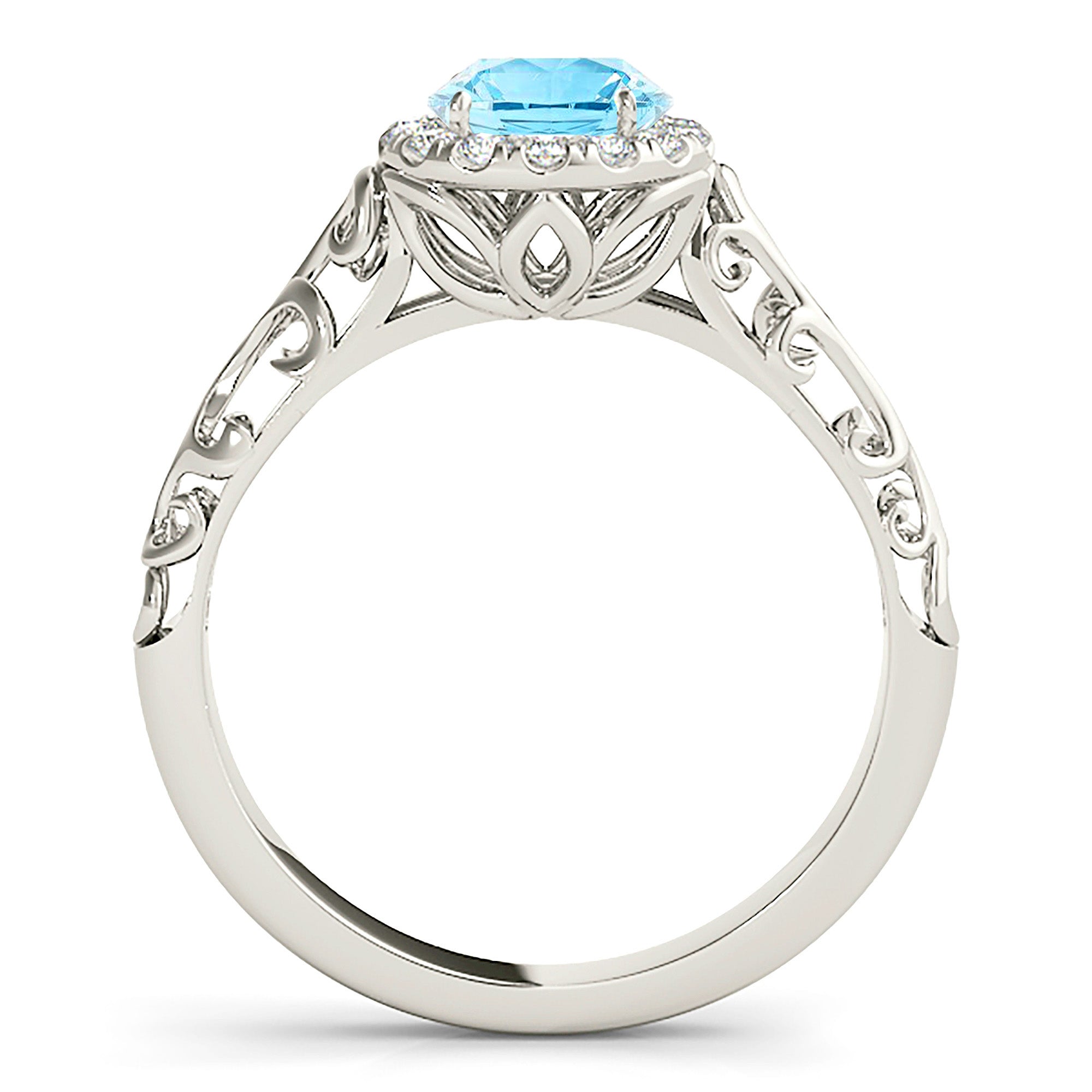1.00 ct. Genuine Aquamarine Ring With 0.10 ctw. Diamond Halo, Floral Basket and Hand carved Fancy Band | Round Blue Aquamarine Halo Ring-in 14K/18K White, Yellow, Rose Gold and Platinum - Christmas Jewelry Gift -VIRABYANI