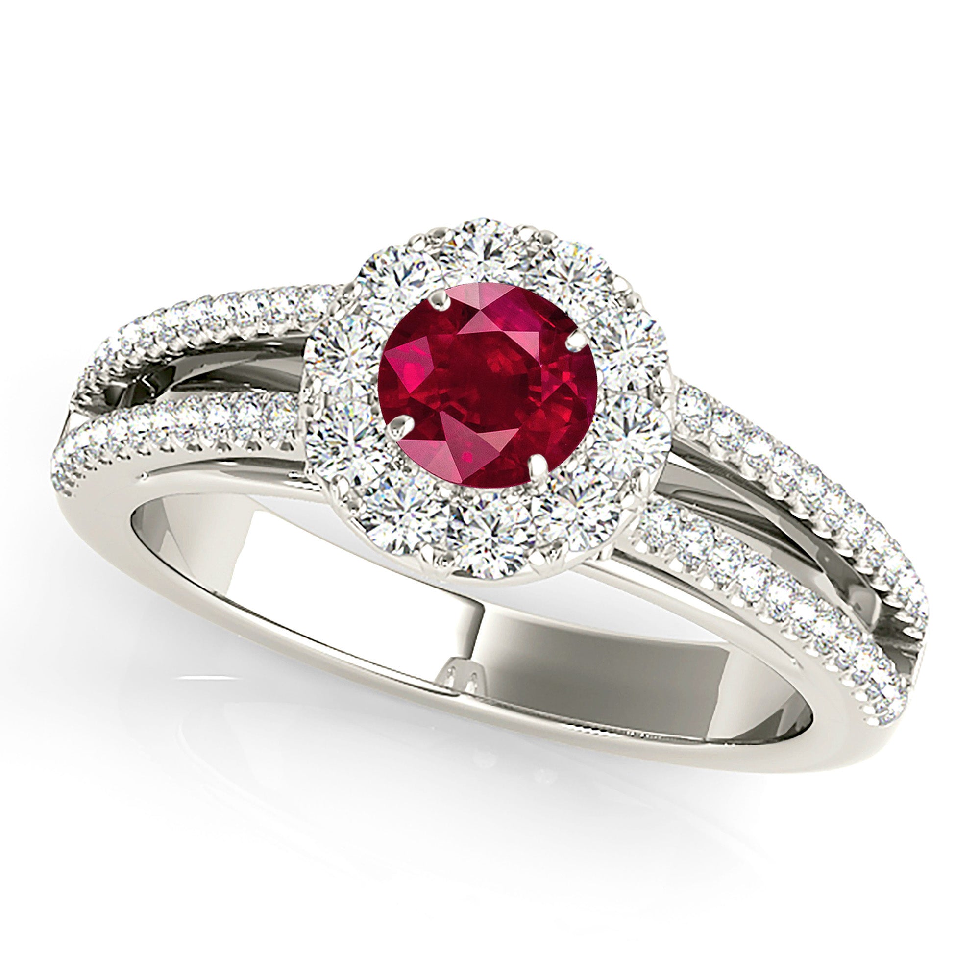 0.94 ct. Genuine Ruby Ring With 0.50 ctw. Diamond Halo And Split Diamond Shank, Diamond Basket | Round Ruby Halo Ring | Natural Ruby Ring-in 14K/18K White, Yellow, Rose Gold and Platinum - Christmas Jewelry Gift -VIRABYANI
