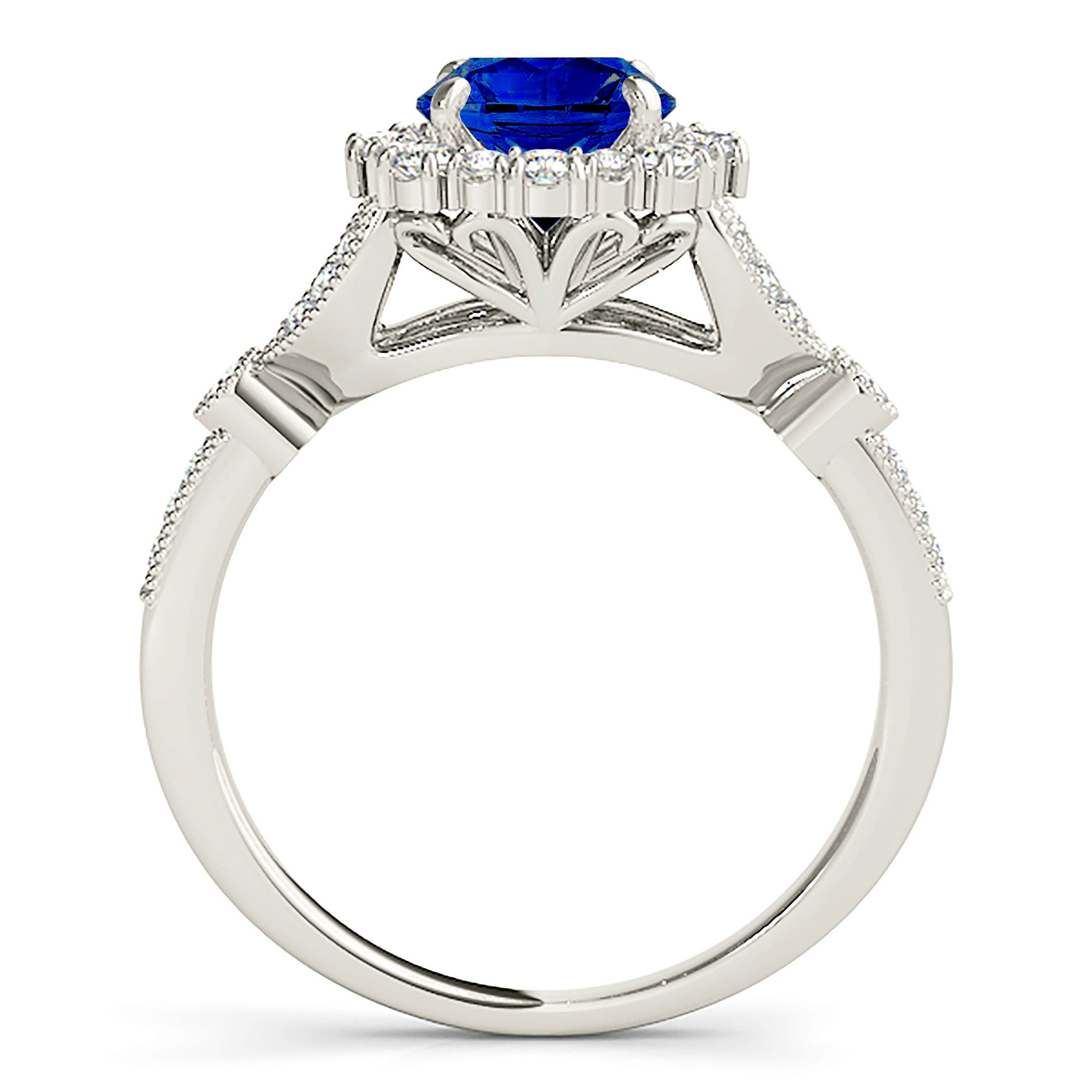 1.35 ct. Genuine Blue Sapphire Halo Milgrain Flower Ring with 0.40 ctw. Side Diamonds on Split Shank-in 14K/18K White, Yellow, Rose Gold and Platinum - Christmas Jewelry Gift -VIRABYANI