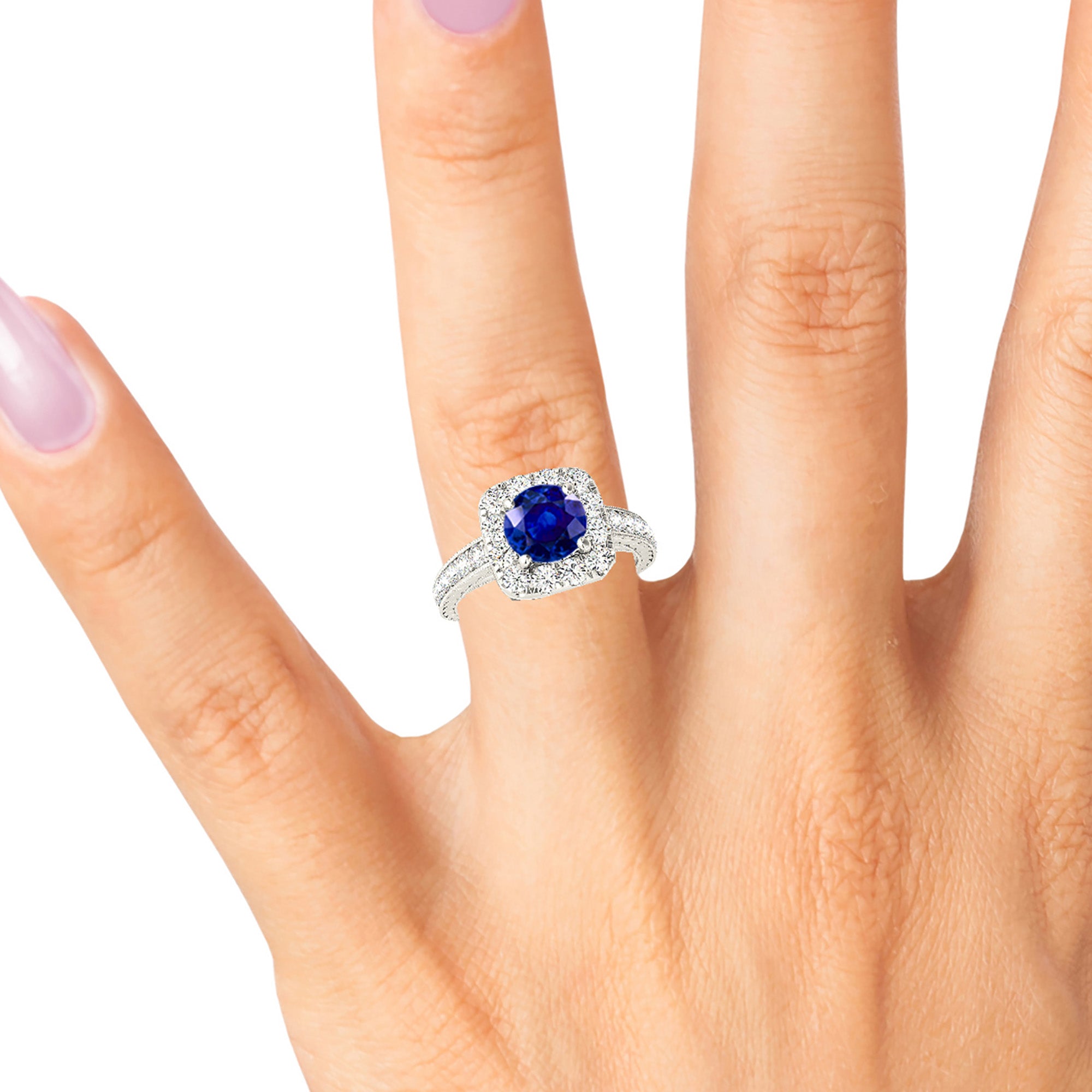 2.41 ct. Genuine Blue Sapphire Gallery Work Halo Ring with 0.50 ctw. Halo And Milgrain Hand Carved Band | Halo Blue Sapphire Classic Ring-in 14K/18K White, Yellow, Rose Gold and Platinum - Christmas Jewelry Gift -VIRABYANI
