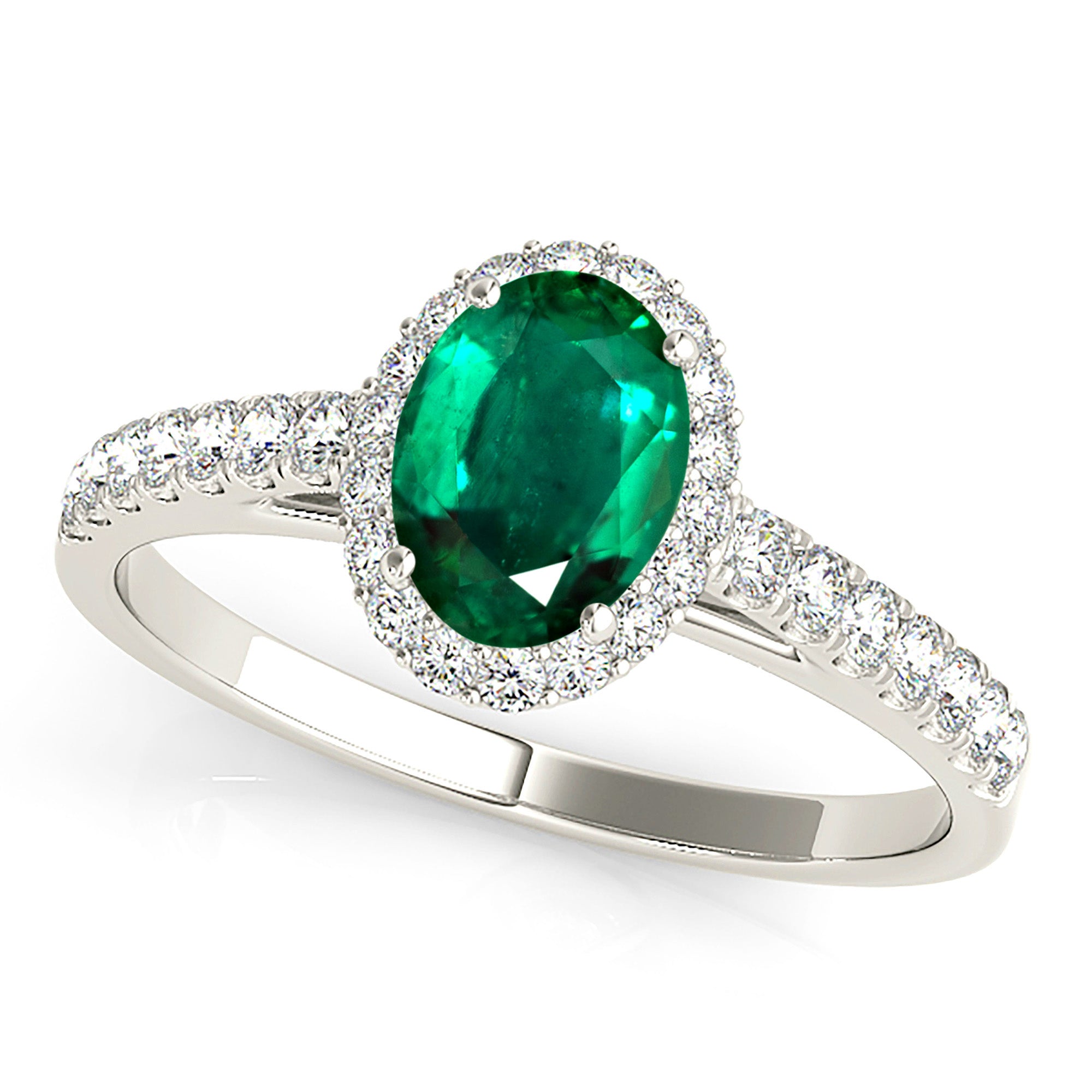 1.30 ct. Genuine Oval Emerald With 0.25 ctw. Diamond Halo And Thin Diamond Band-in 14K/18K White, Yellow, Rose Gold and Platinum - Christmas Jewelry Gift -VIRABYANI