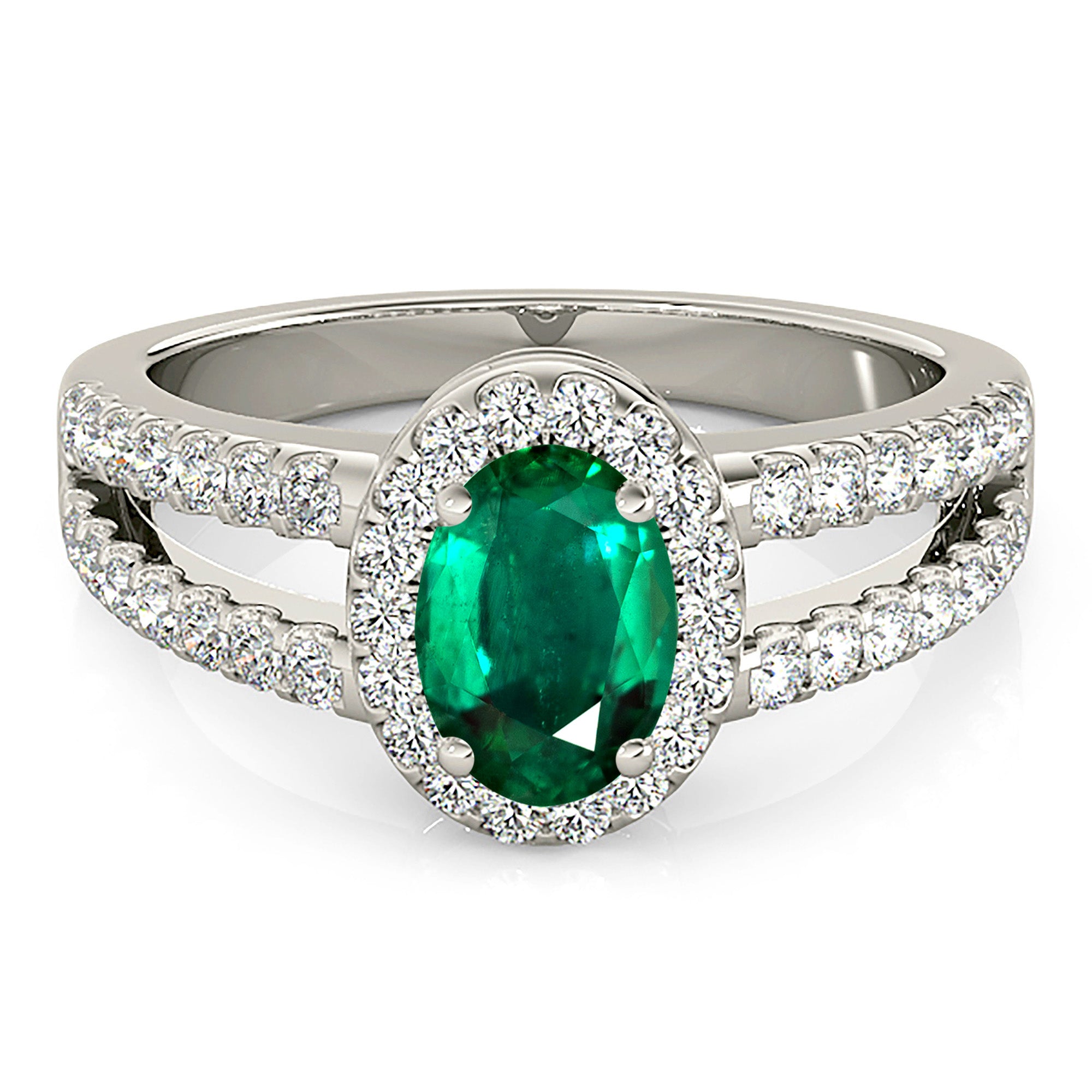 2.00 ct. Genuine Oval Emerald Ring With 0.50 ctw. Diamond Halo and Diamond Split Shank-in 14K/18K White, Yellow, Rose Gold and Platinum - Christmas Jewelry Gift -VIRABYANI