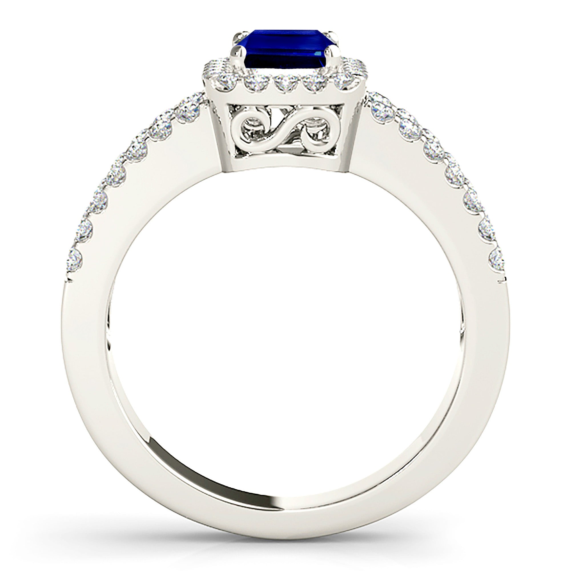 1.15 ct. Genuine Blue Emerald Cut Sapphire Ring With 0.50 ctw. Diamond Halo, Split Open Diamond Shank | Natural Sapphire And Diamond Ring-in 14K/18K White, Yellow, Rose Gold and Platinum - Christmas Jewelry Gift -VIRABYANI