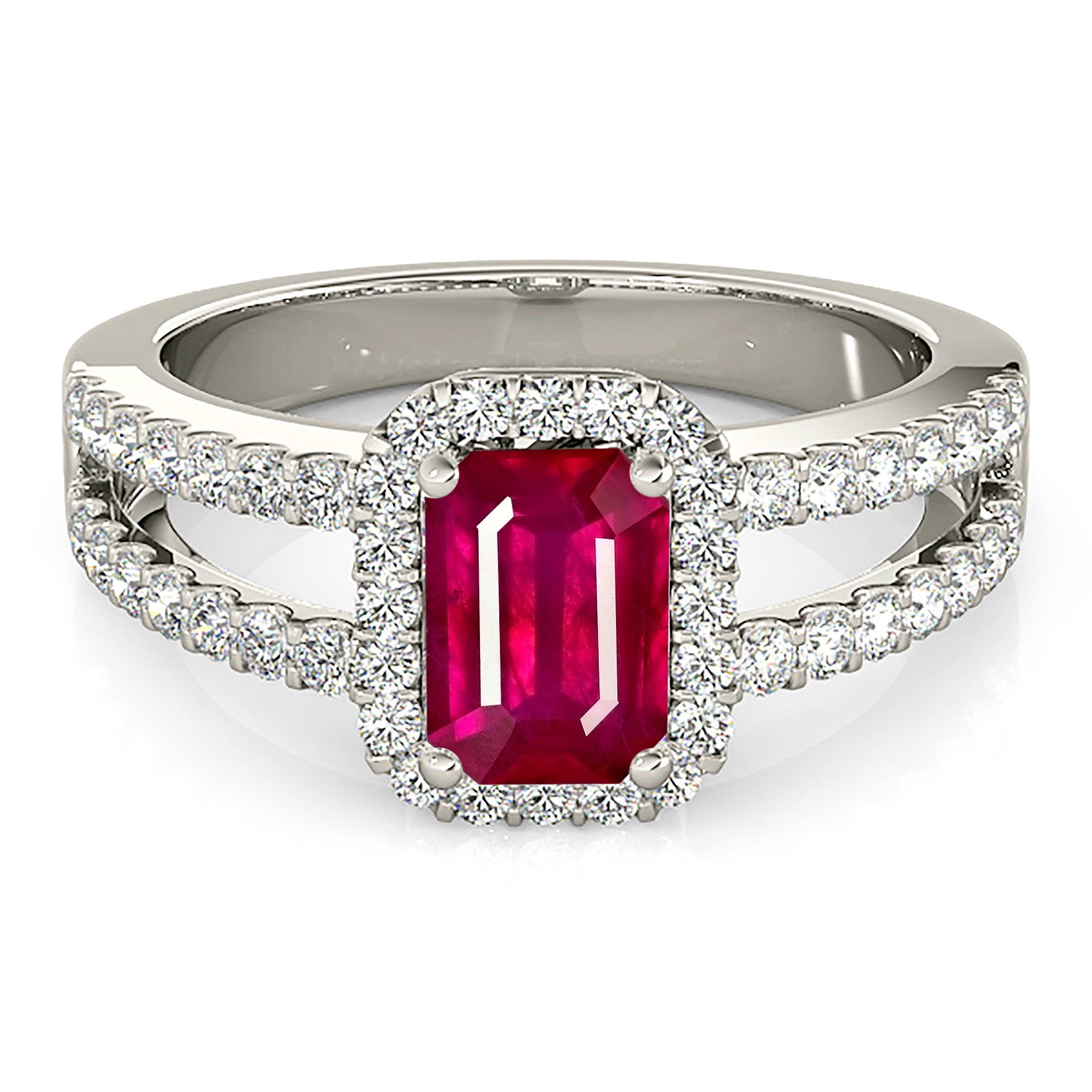 1.20 ct. Genuine Emerald Cut Ruby Ring With 0.50 ctw. Diamond Halo and Split Diamond Shank-in 14K/18K White, Yellow, Rose Gold and Platinum - Christmas Jewelry Gift -VIRABYANI