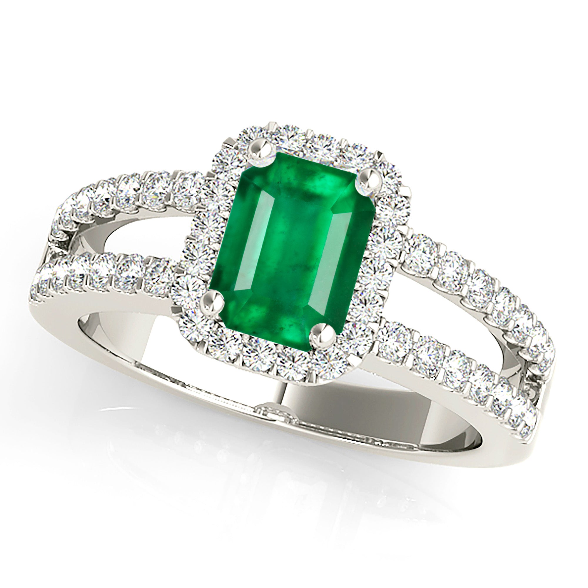 1.00 ct. Genuine Emerald Ring With 0.50 ctw. Diamond Halo and Diamond Split Shank-in 14K/18K White, Yellow, Rose Gold and Platinum - Christmas Jewelry Gift -VIRABYANI
