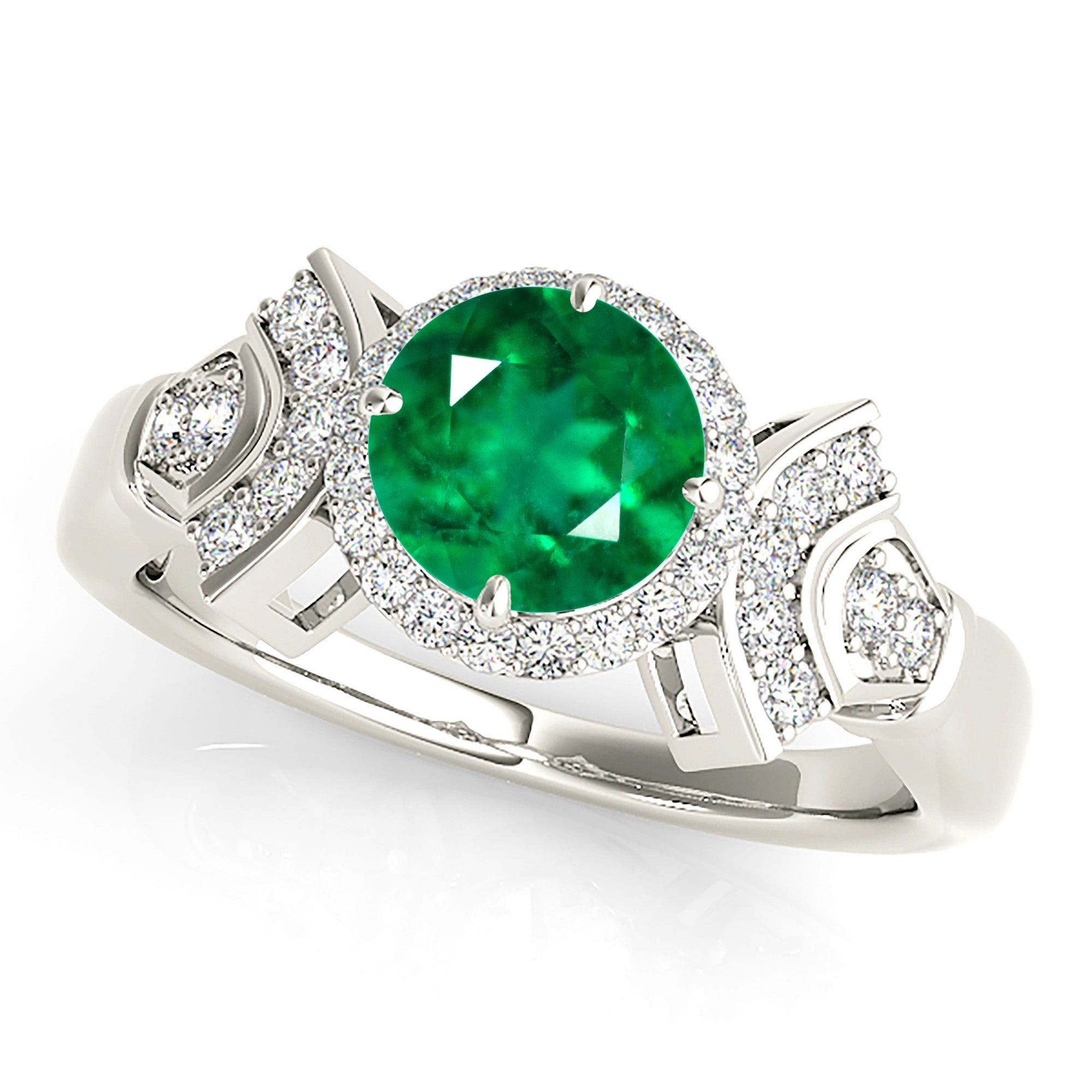 1.68 ct. Genuine Emerald Ring With 0.25 ctw. Diamond Halo and Fancy Design Diamond Band-in 14K/18K White, Yellow, Rose Gold and Platinum - Christmas Jewelry Gift -VIRABYANI