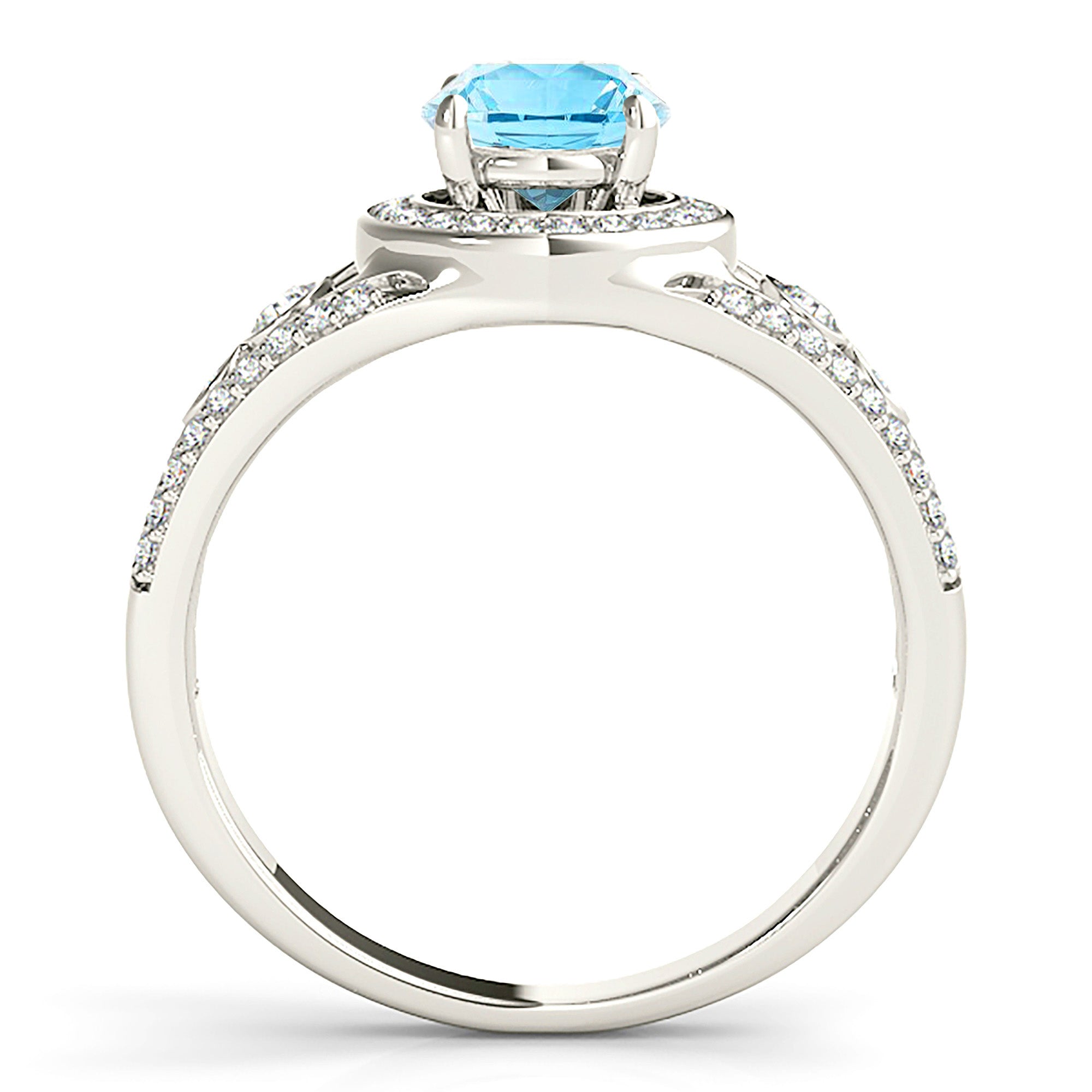 1.10 ct. Genuine Aquamarine Ring With 0.35 ctw. Diamond Halo and V Shape Band With Accent Diamonds| Round Blue Aquamarine Halo Ring-in 14K/18K White, Yellow, Rose Gold and Platinum - Christmas Jewelry Gift -VIRABYANI