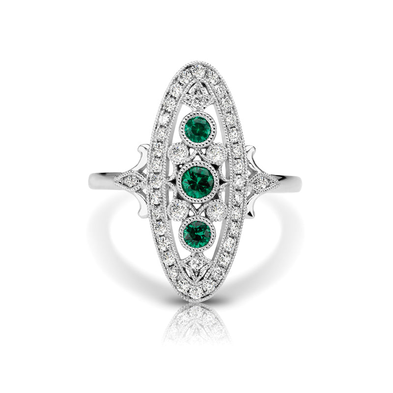 Vintage Inspired 0.20 ct. Natural Emerald Ring With 0.25 ct. Diamonds, Antique Style-in 14K/18K White, Yellow, Rose Gold and Platinum - Christmas Jewelry Gift -VIRABYANI
