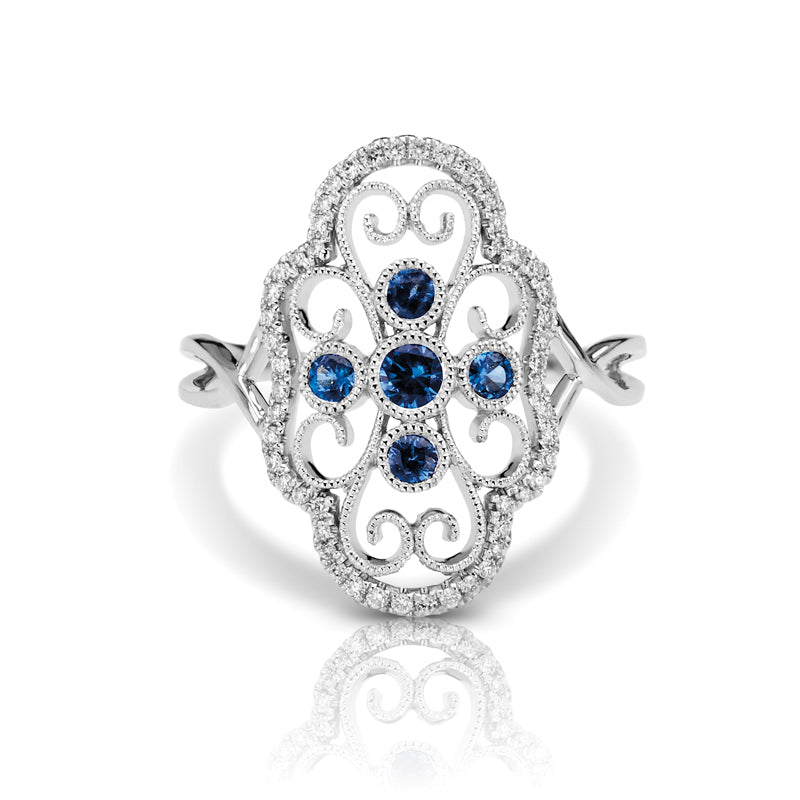 Vintage Inspired 0.20 ct. Natural Blue Sapphire Ring With 0.16 ct. Diamonds Antique Design-in 14K/18K White, Yellow, Rose Gold and Platinum - Christmas Jewelry Gift -VIRABYANI