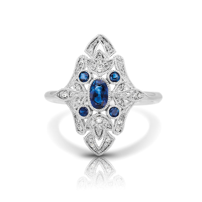 Vintage Inspired 0.50 ct. Natural Blue Sapphire Ring With 0.12 ct. Diamonds Antique Design-in 14K/18K White, Yellow, Rose Gold and Platinum - Christmas Jewelry Gift -VIRABYANI