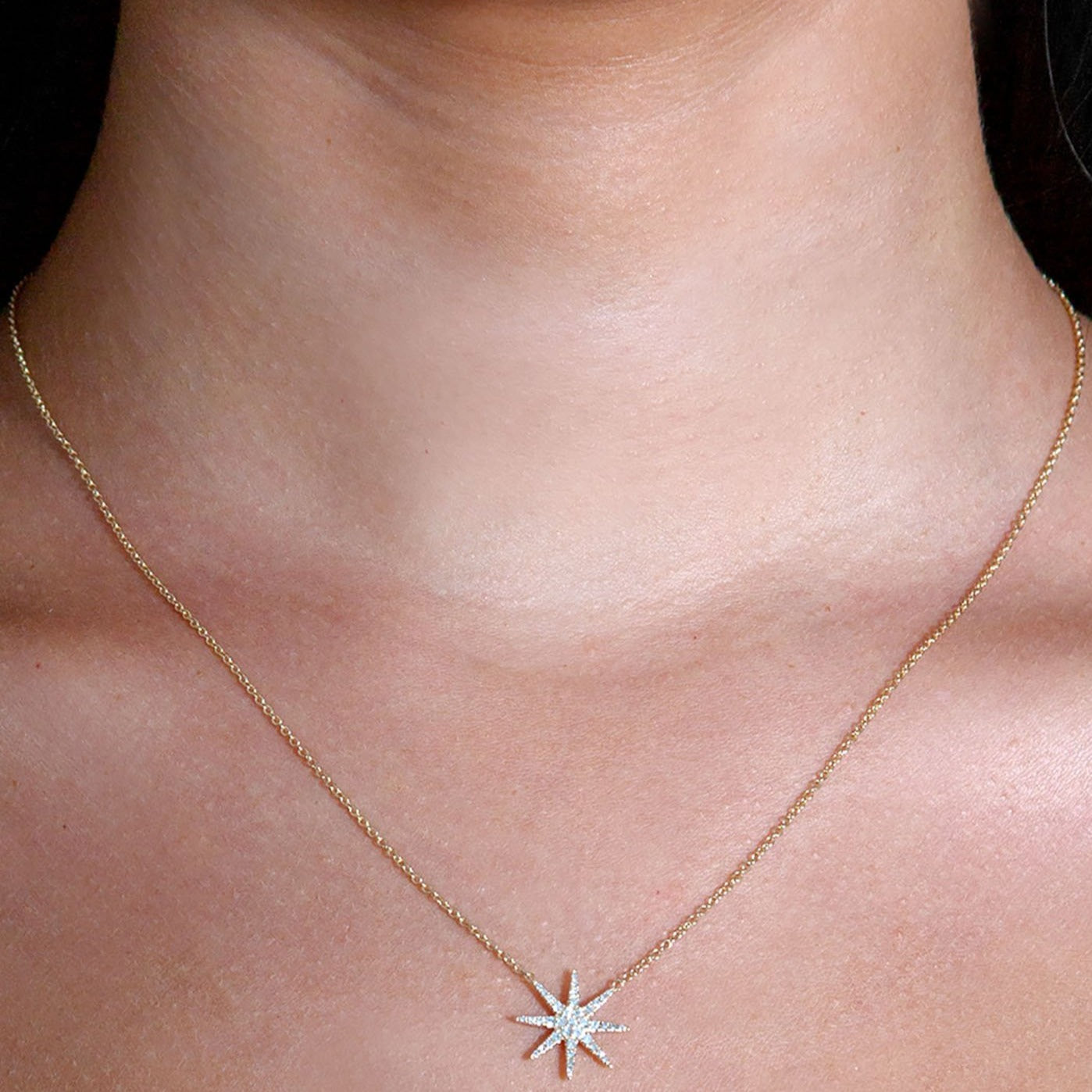 Eight-Point 0.16 ctw Diamond Star Necklace Pendant-in 14K/18K White, Yellow, Rose Gold and Platinum - Christmas Jewelry Gift -VIRABYANI