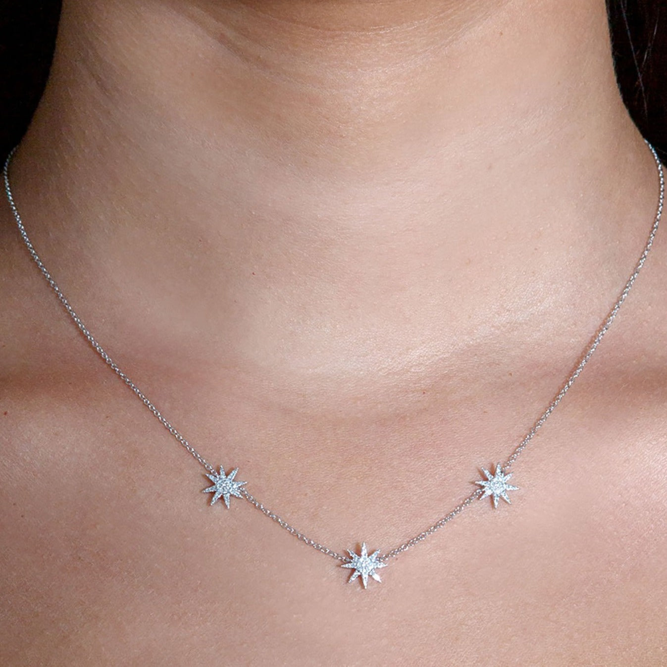 Three Star Pave Set 0.20 ctw Diamond Necklace Pendant-in 14K/18K White, Yellow, Rose Gold and Platinum - Christmas Jewelry Gift -VIRABYANI