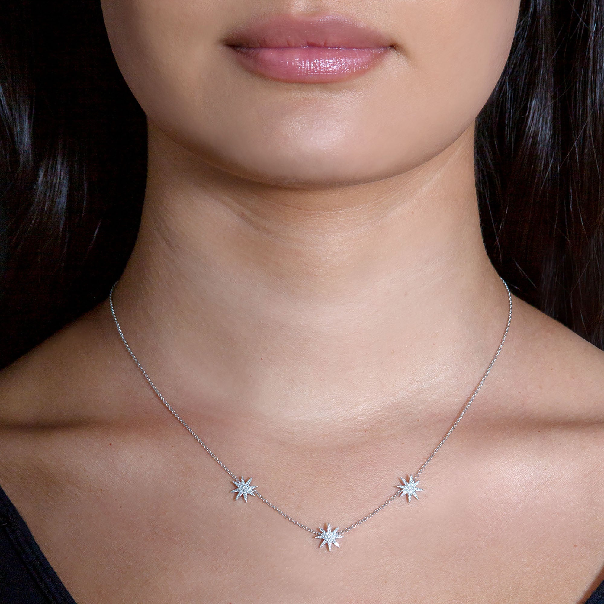 Three Star Pave Set 0.20 ctw Diamond Necklace Pendant-in 14K/18K White, Yellow, Rose Gold and Platinum - Christmas Jewelry Gift -VIRABYANI