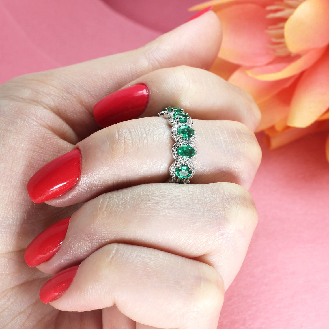 2.50 ct. Genuine Oval Emerald Eternity Ring With 0.70 ct. Diamond Halo-in 14K/18K White, Yellow, Rose Gold and Platinum - Christmas Jewelry Gift -VIRABYANI
