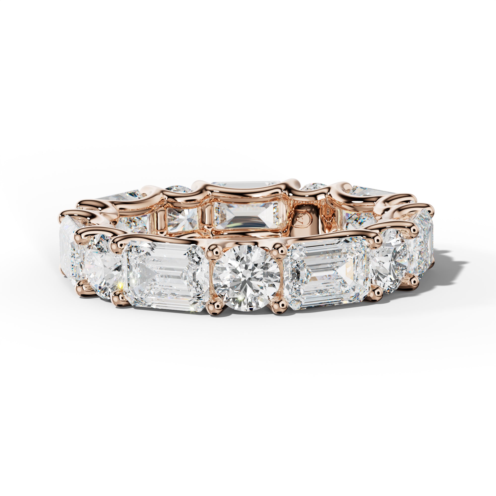 6.0 Carat East West Emerald and Round Diamond Eternity Band Shared Prong