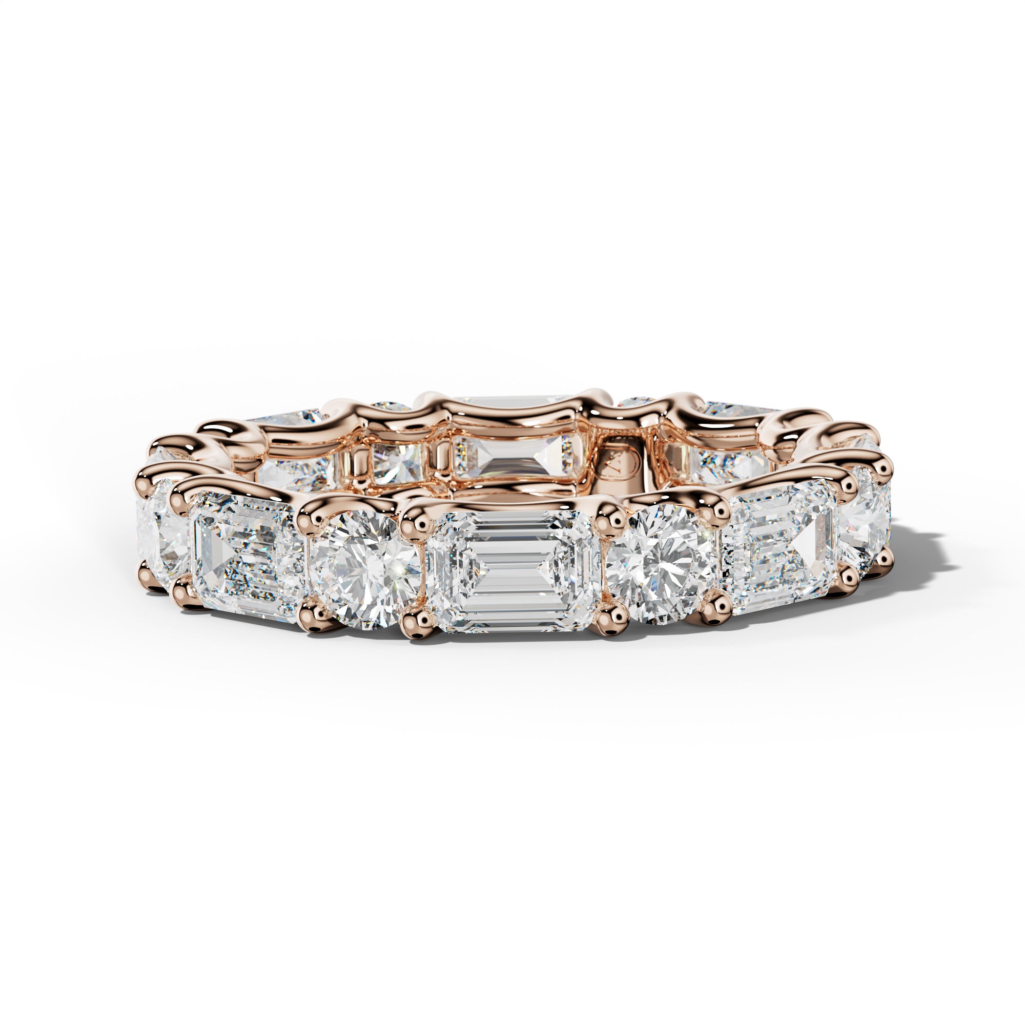 5.0 Carat East West Emerald and Round Diamond Eternity Band Shared Prong