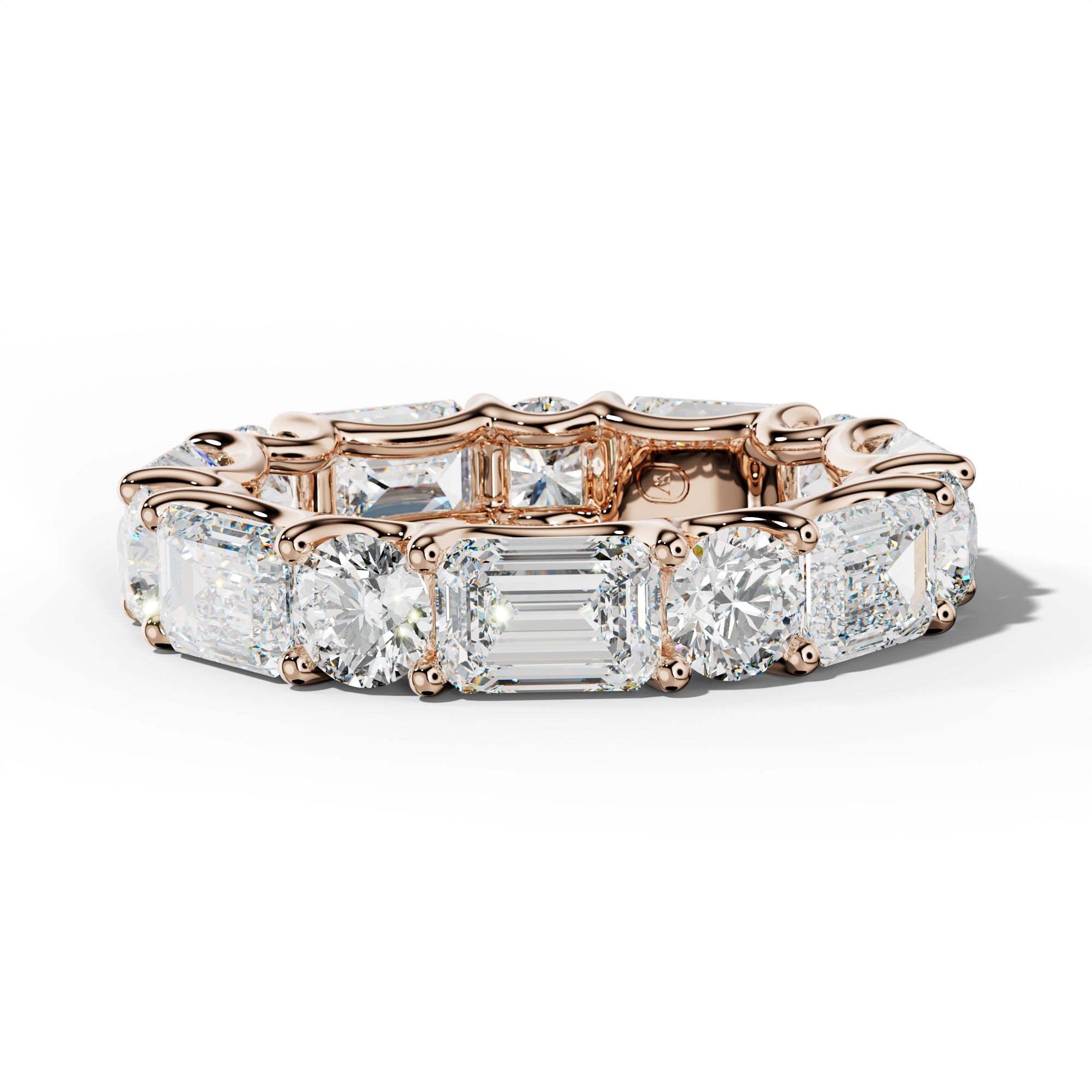 7.0 Carat East West Emerald and Round Diamond Eternity Band Shared Prong