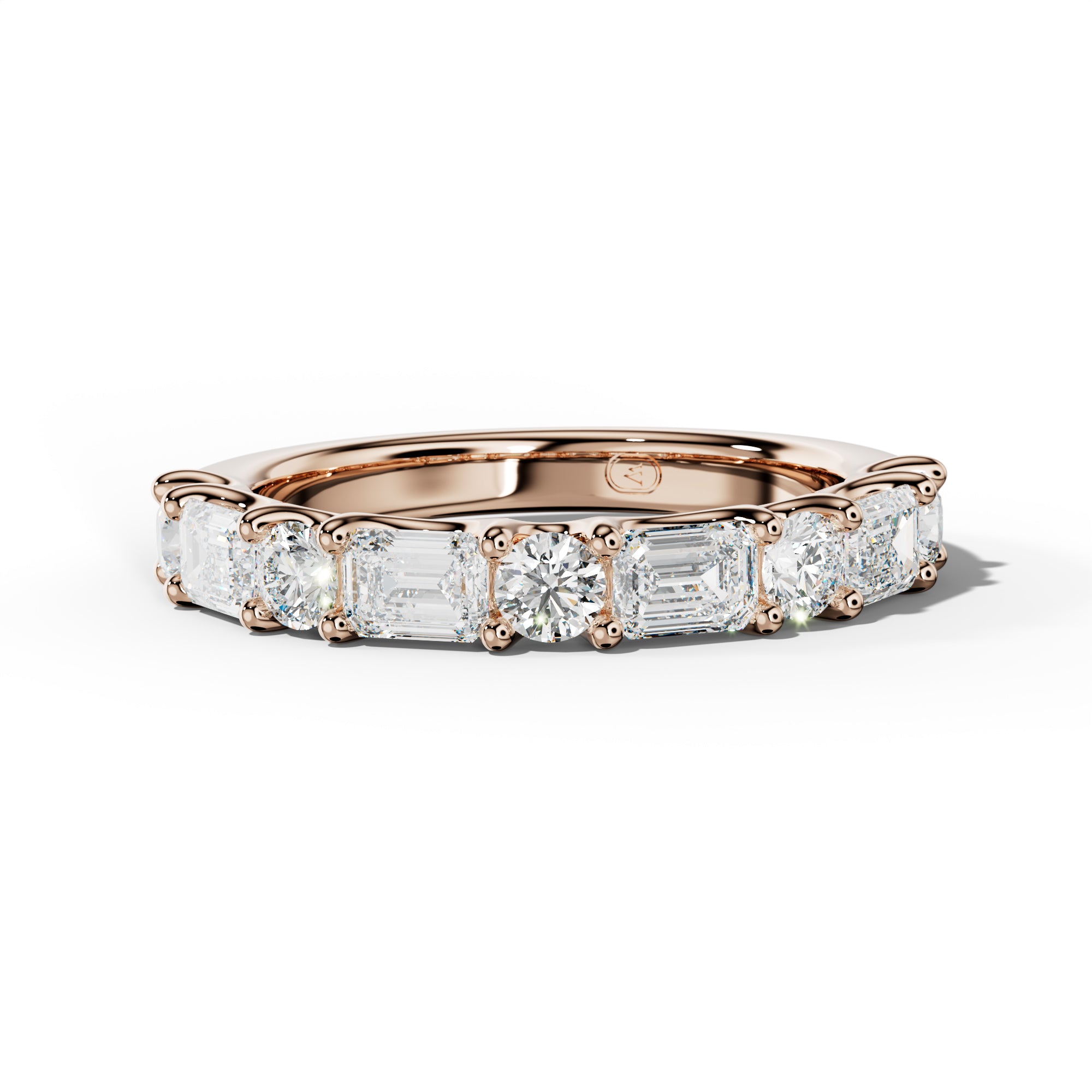 1.0 Carat East West Emerald and Round Diamond Half Anniversary Band Shared Prong