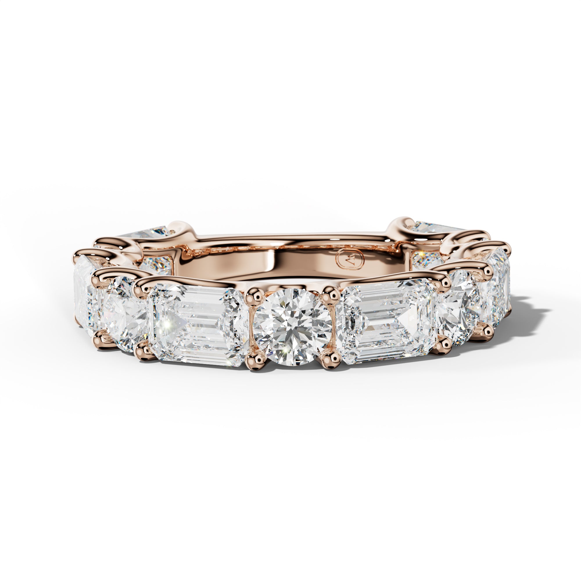 5.0 Carat East West Emerald and Round Diamond 3/4 Anniversary Band Shared Prong
