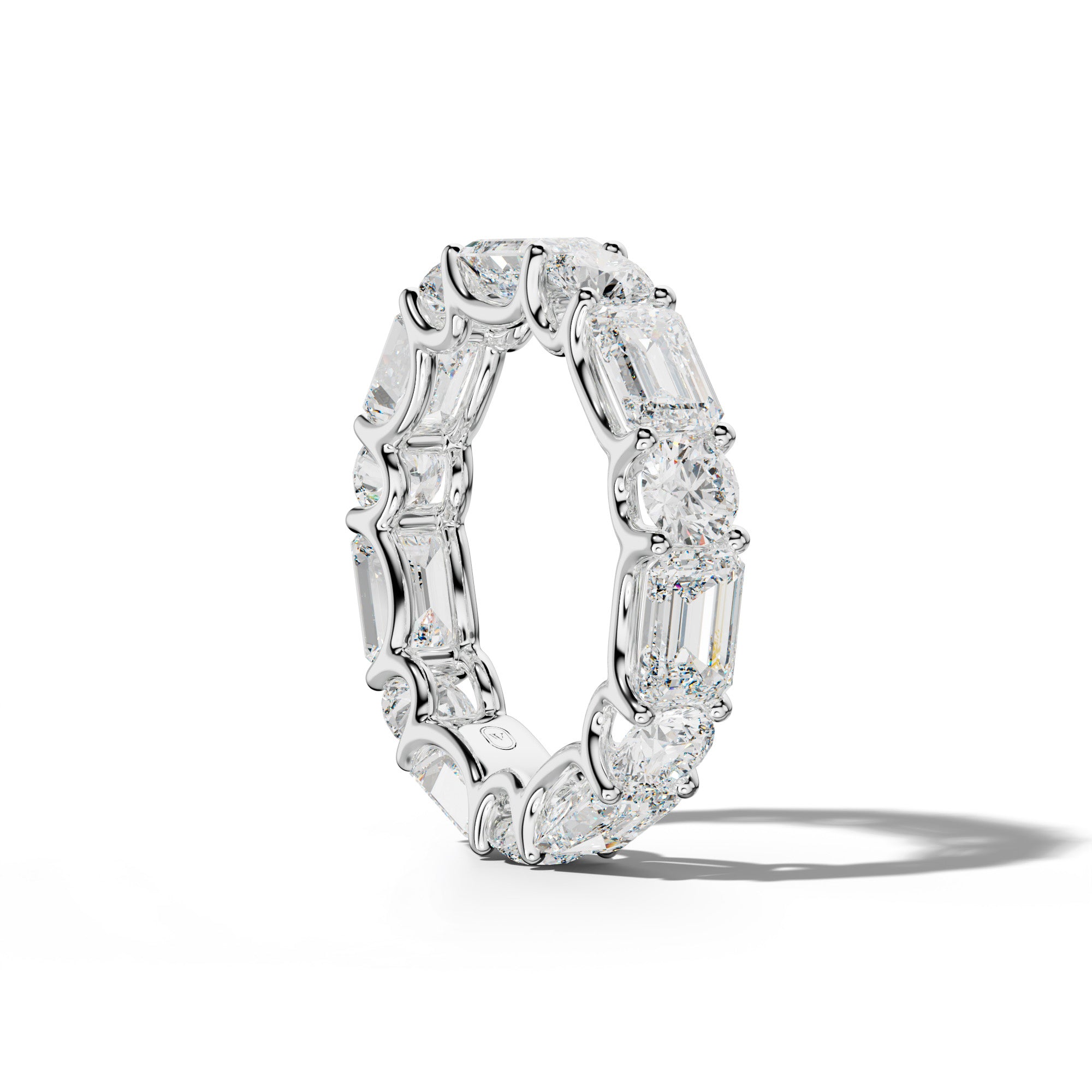 7.0 Carat East West Emerald and Round Diamond Eternity Band Shared Prong