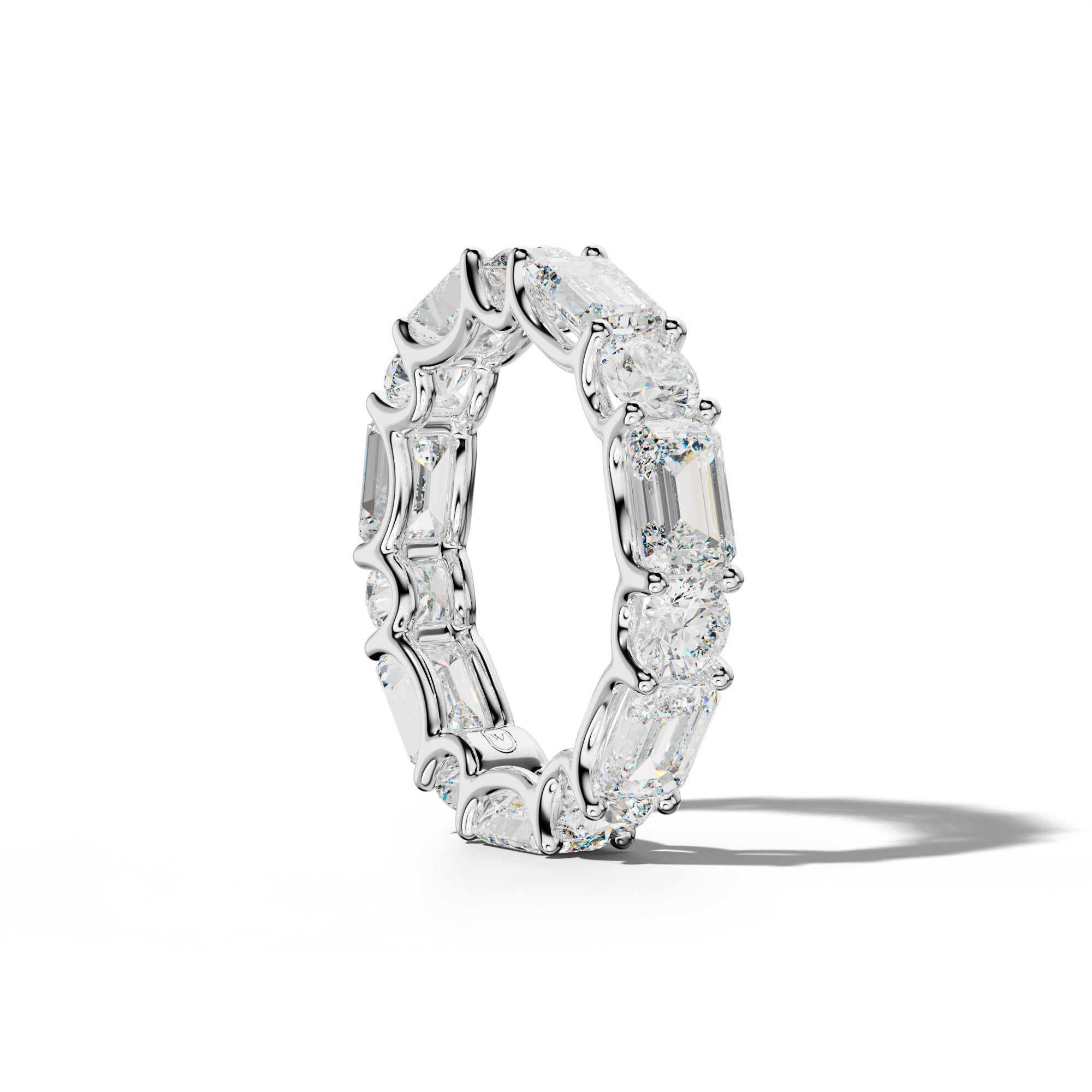 6.0 Carat East West Emerald and Round Diamond Eternity Band Shared Prong