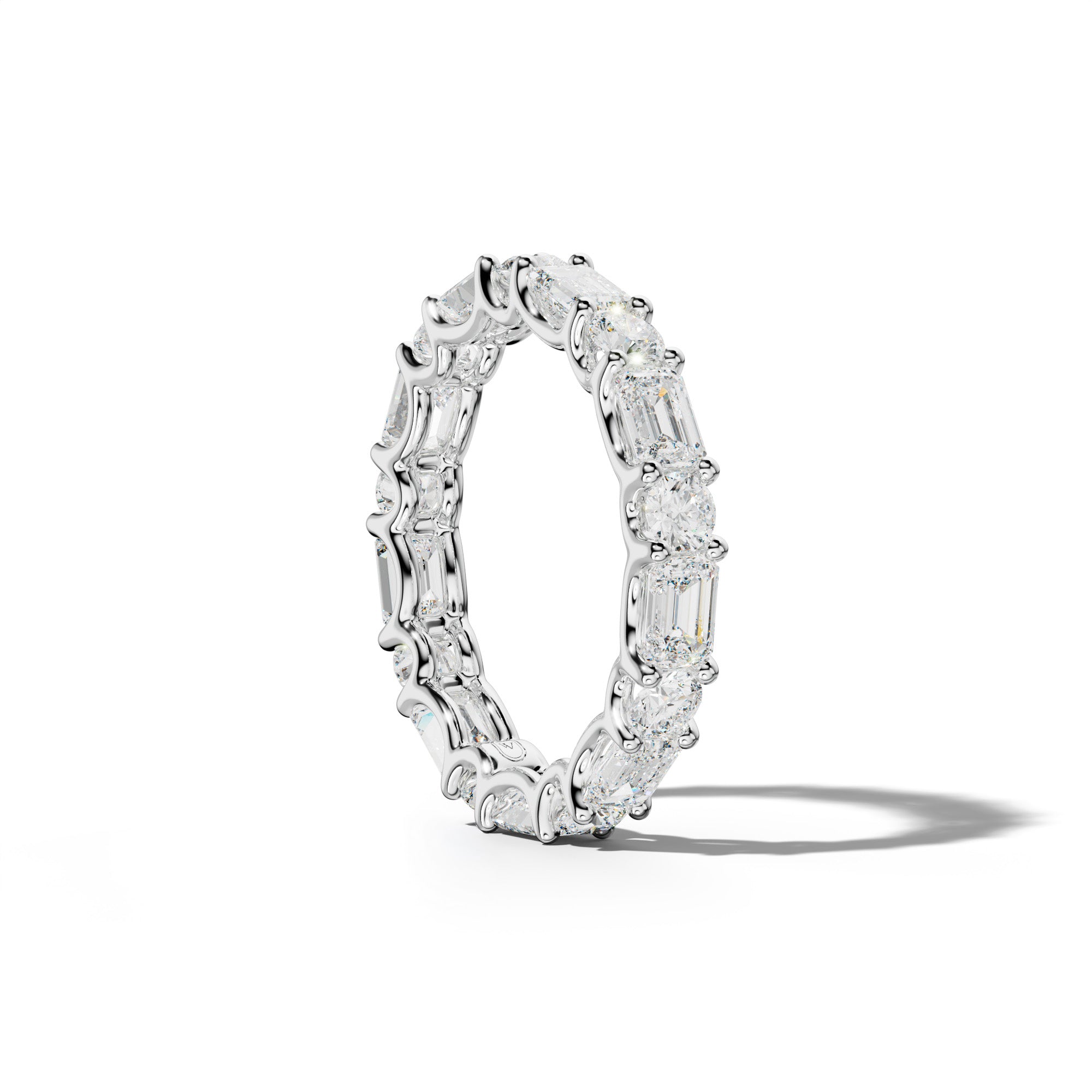 4.0 Carat East West Emerald and Round Diamond Eternity Band Shared Prong