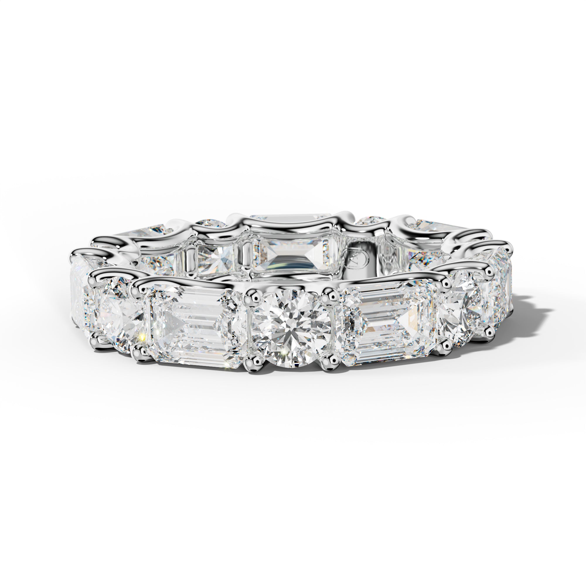 6.0 Carat East West Emerald and Round Diamond Eternity Band Shared Prong