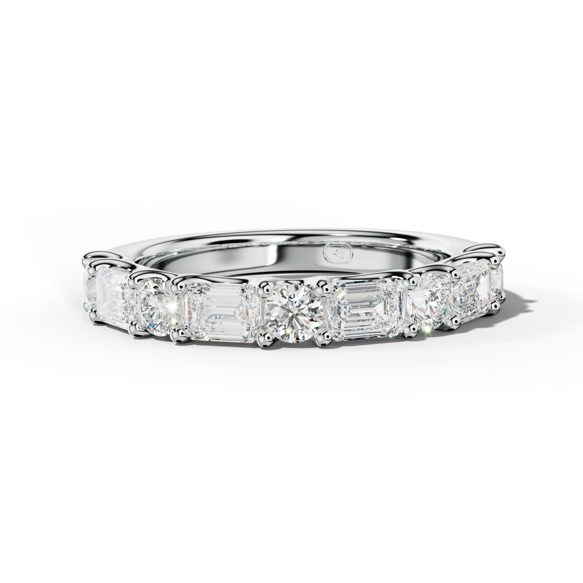 1.0 Carat East West Emerald and Round Diamond Half Anniversary Band Shared Prong