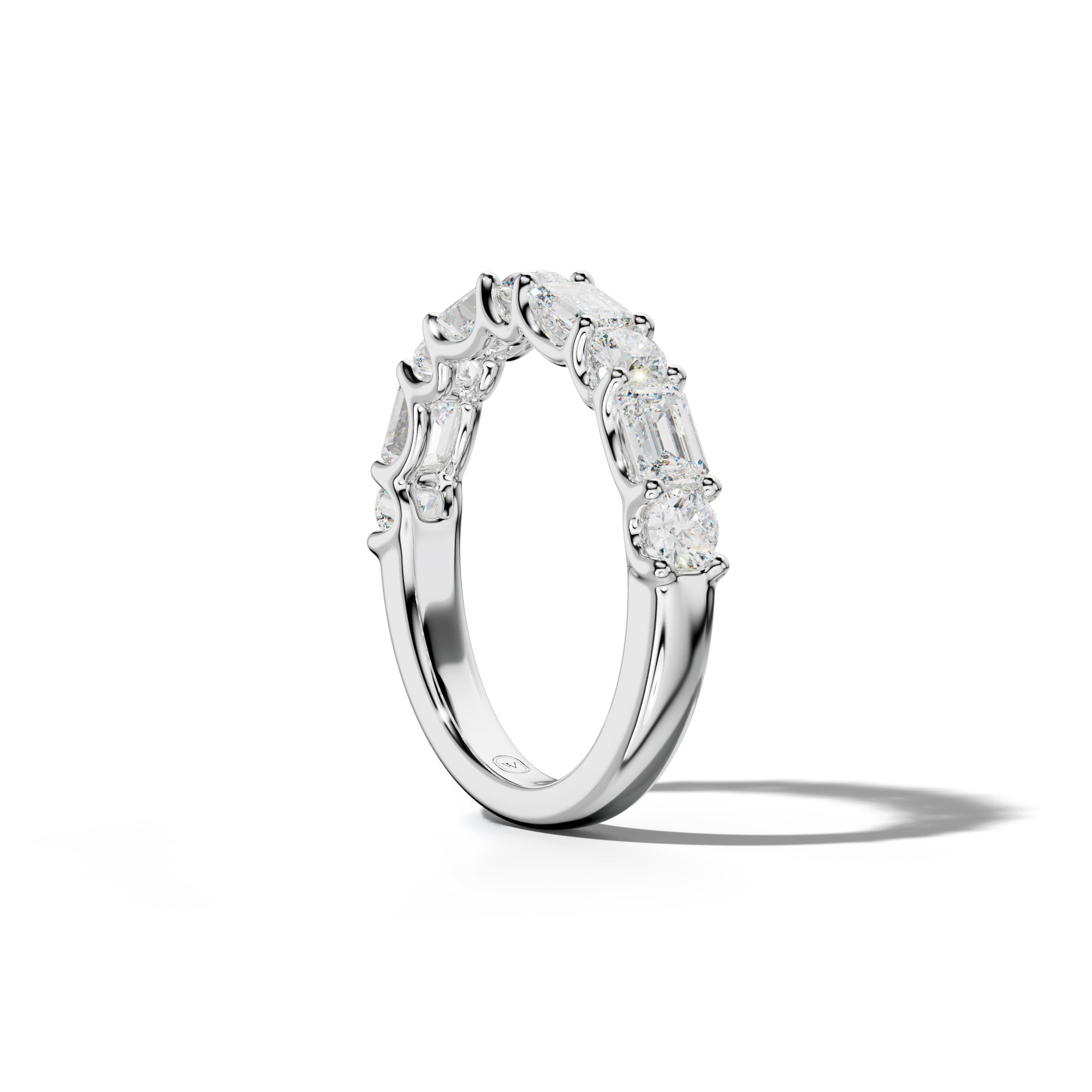 1.0 Carat East West Emerald and Round Diamond Half Anniversary Band Shared Prong