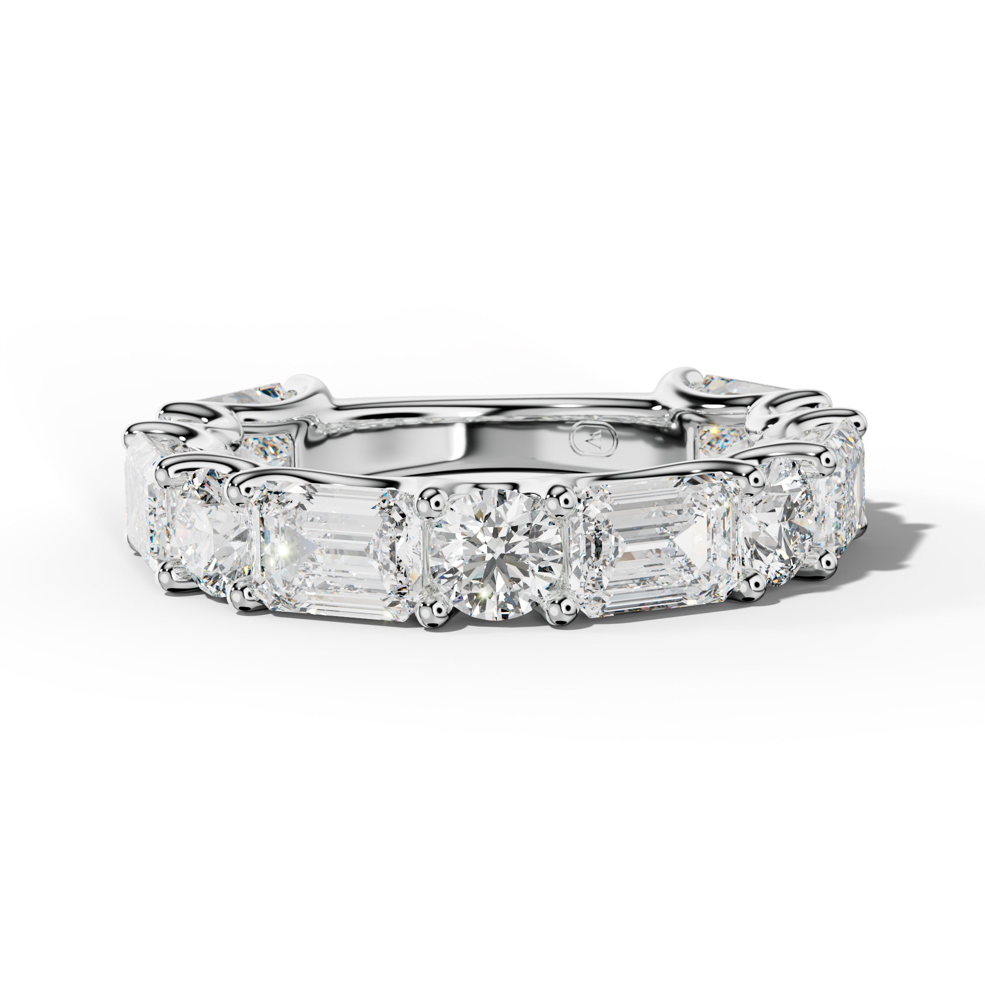 5.0 Carat East West Emerald and Round Diamond 3/4 Anniversary Band Shared Prong