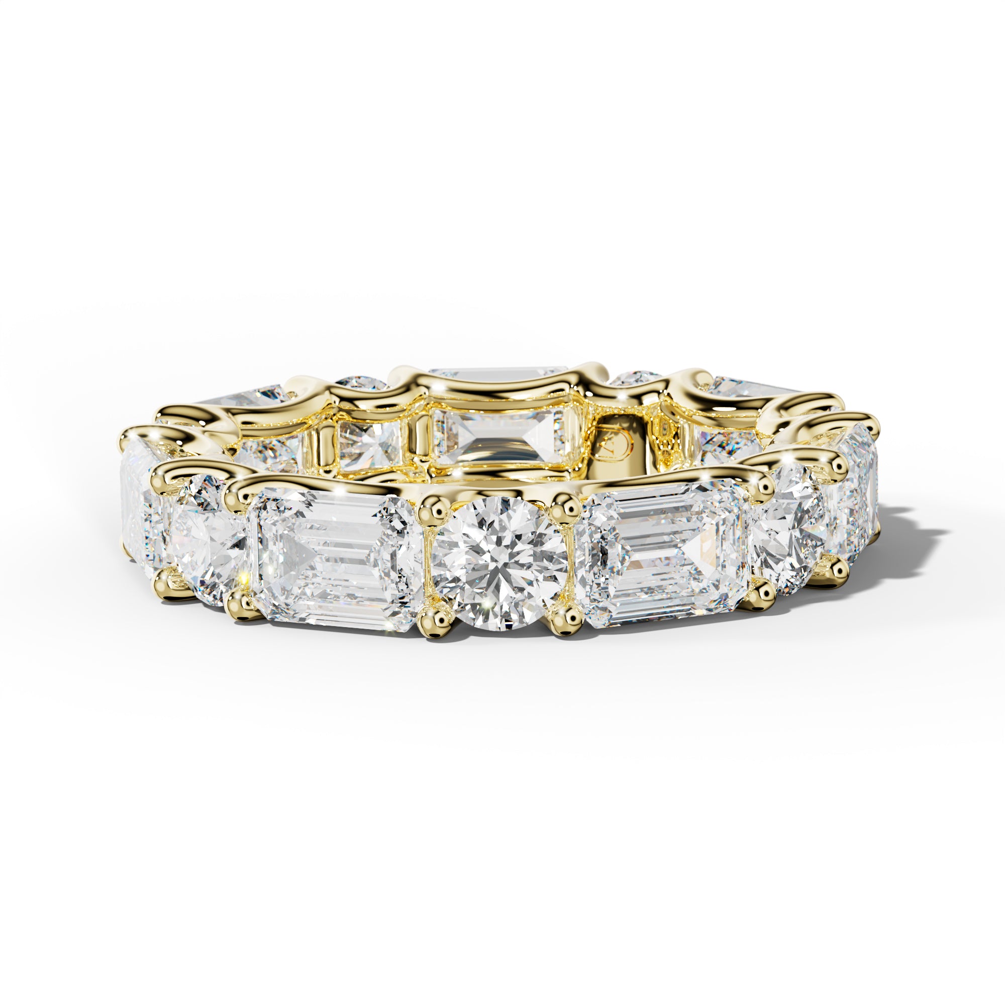 6.0 Carat East West Emerald and Round Diamond Eternity Band Shared Prong