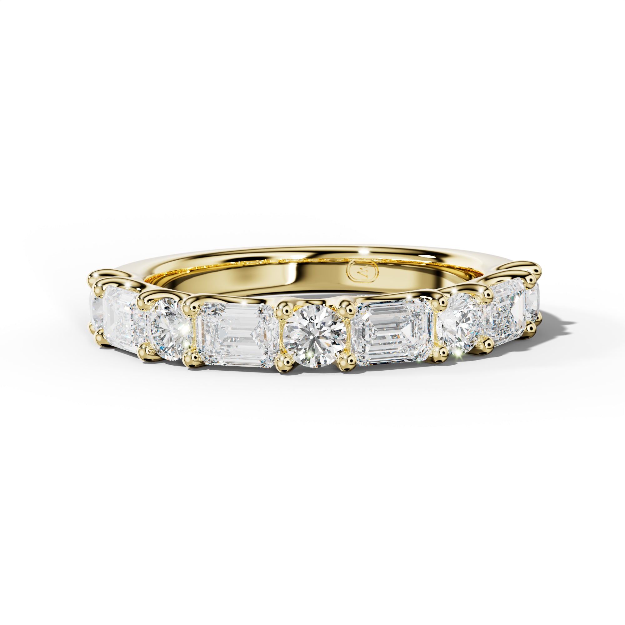 1.0 Carat East West Emerald and Round Diamond Half Anniversary Band Shared Prong
