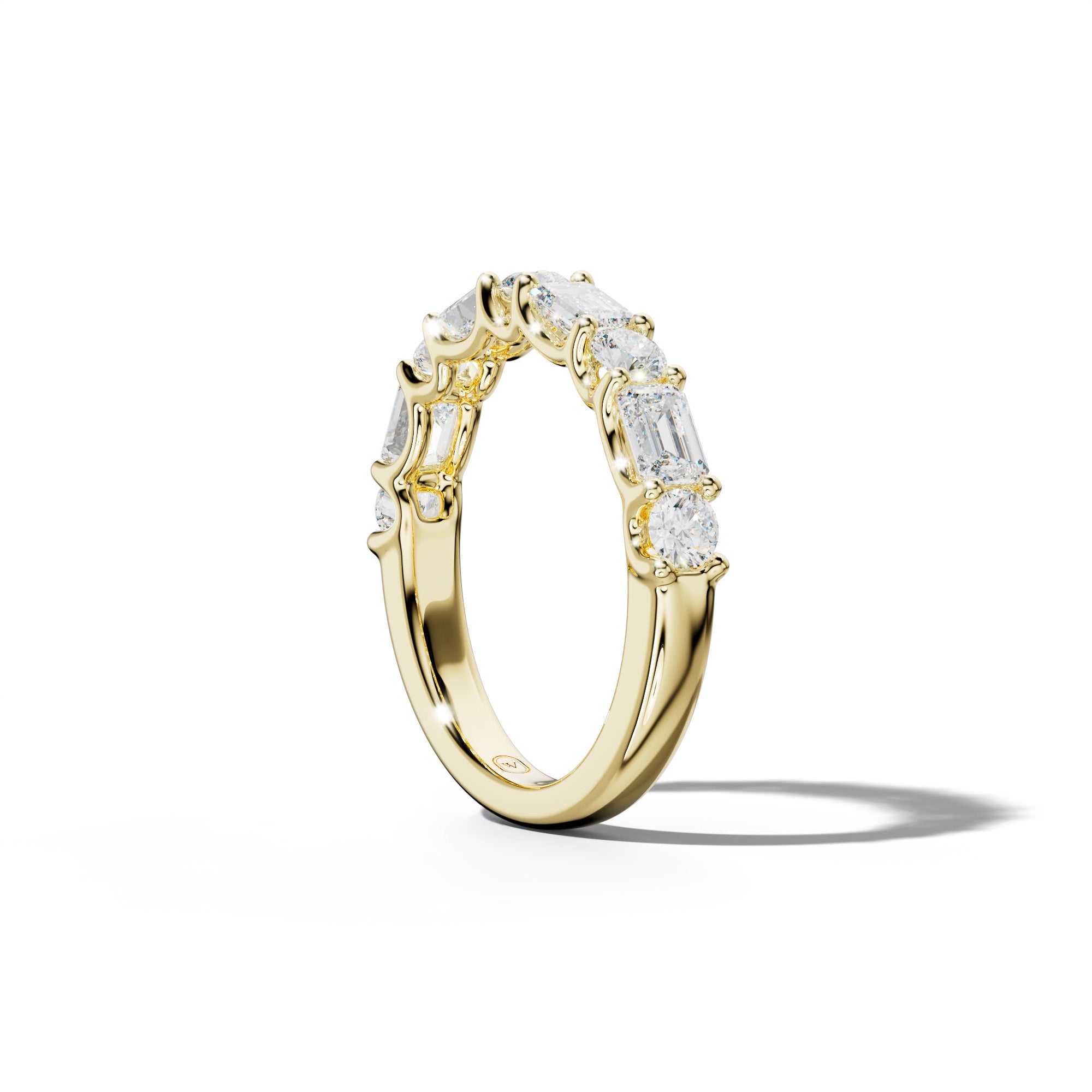 1.0 Carat East West Emerald and Round Diamond Half Anniversary Band Shared Prong