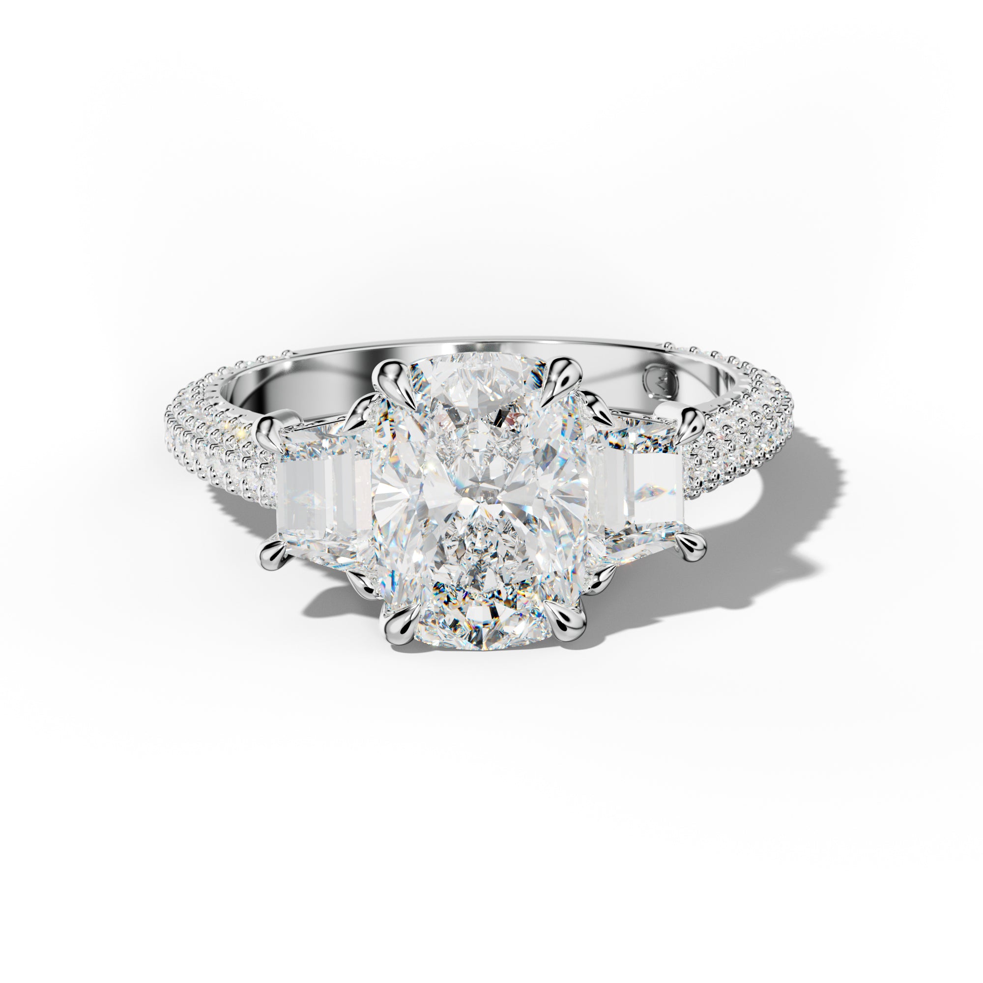 Vanessa Elongated Cushion Center Trapezoid Side Diamond Engagement Ring