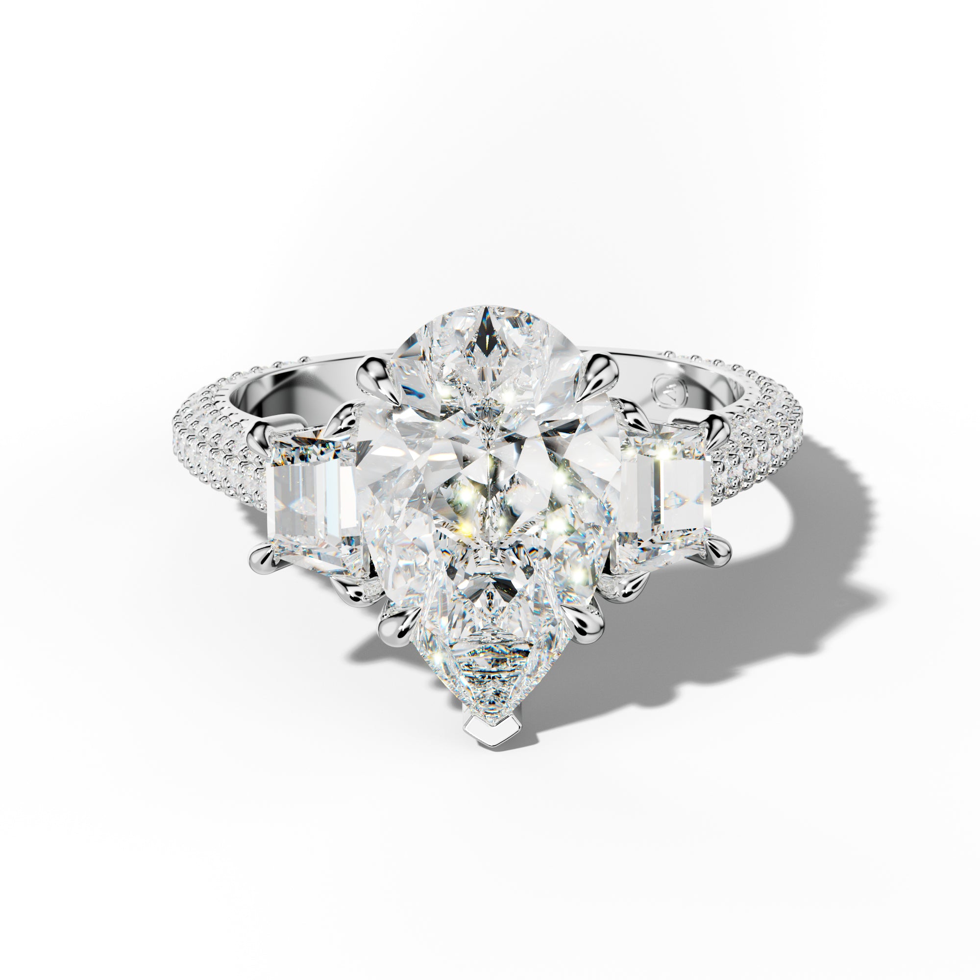 Vanessa Pear Center Trapezoid Side Diamond Engagement Ring