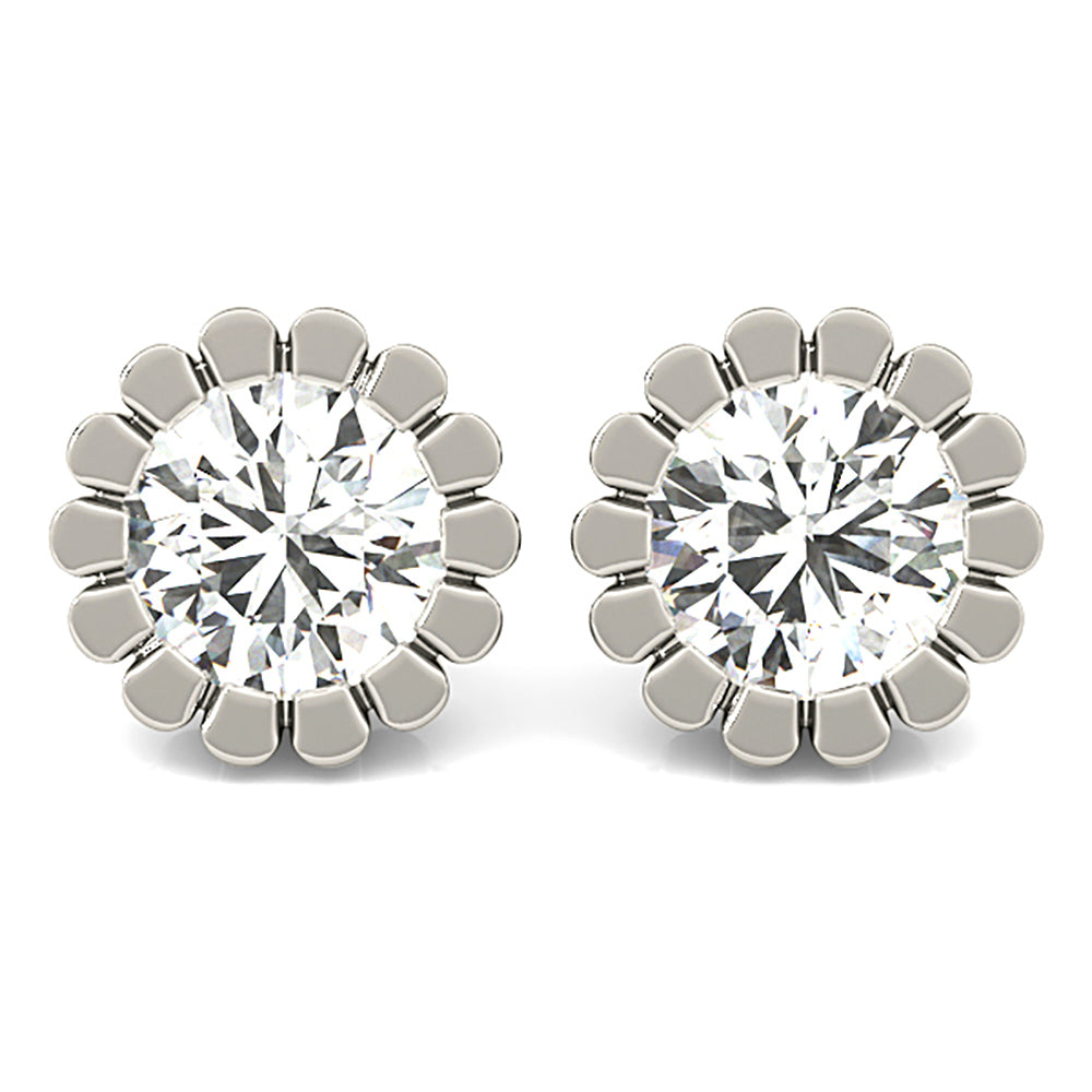 Flower Bezel Set Round Diamond Stud Earrings