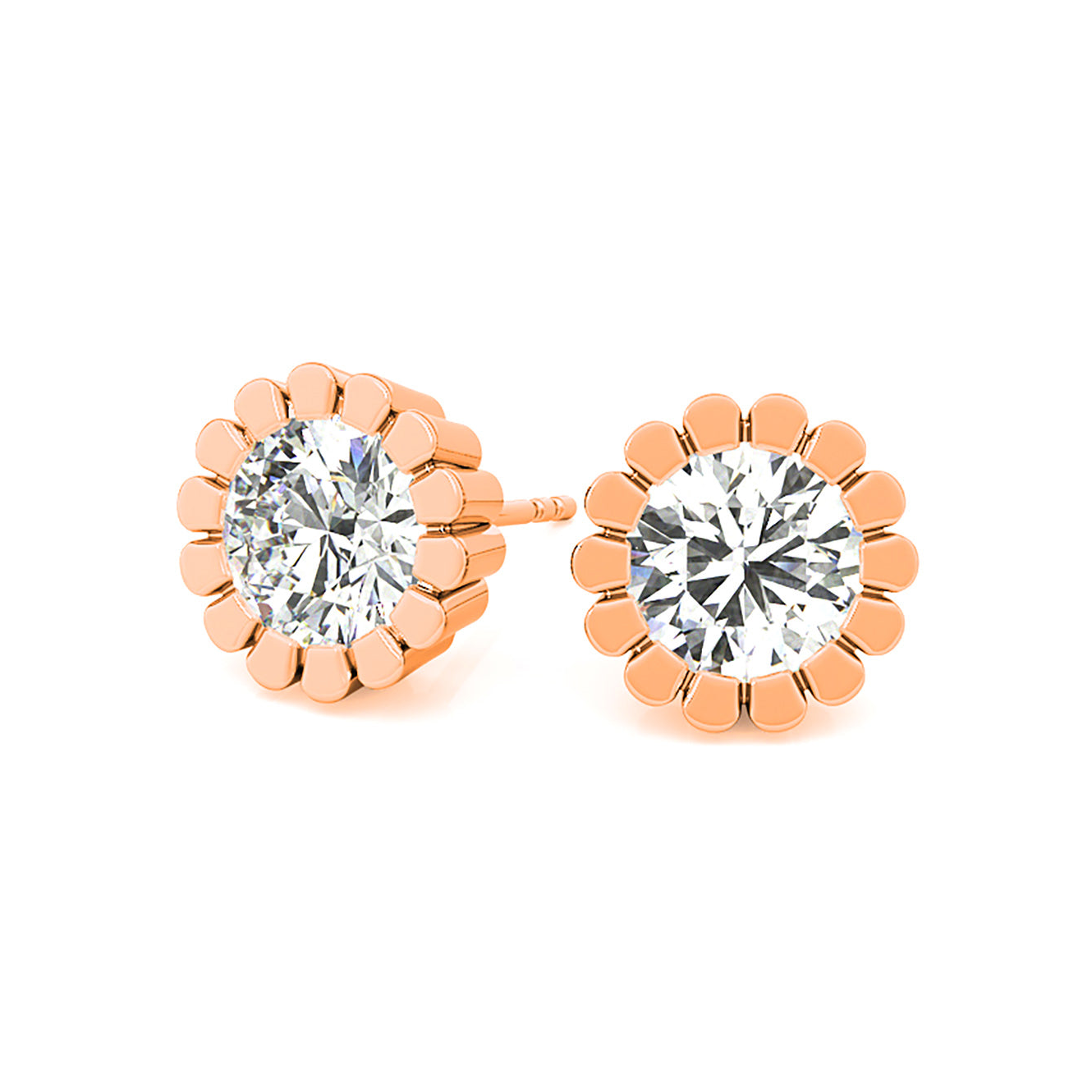 Flower Bezel Set Round Diamond Stud Earrings