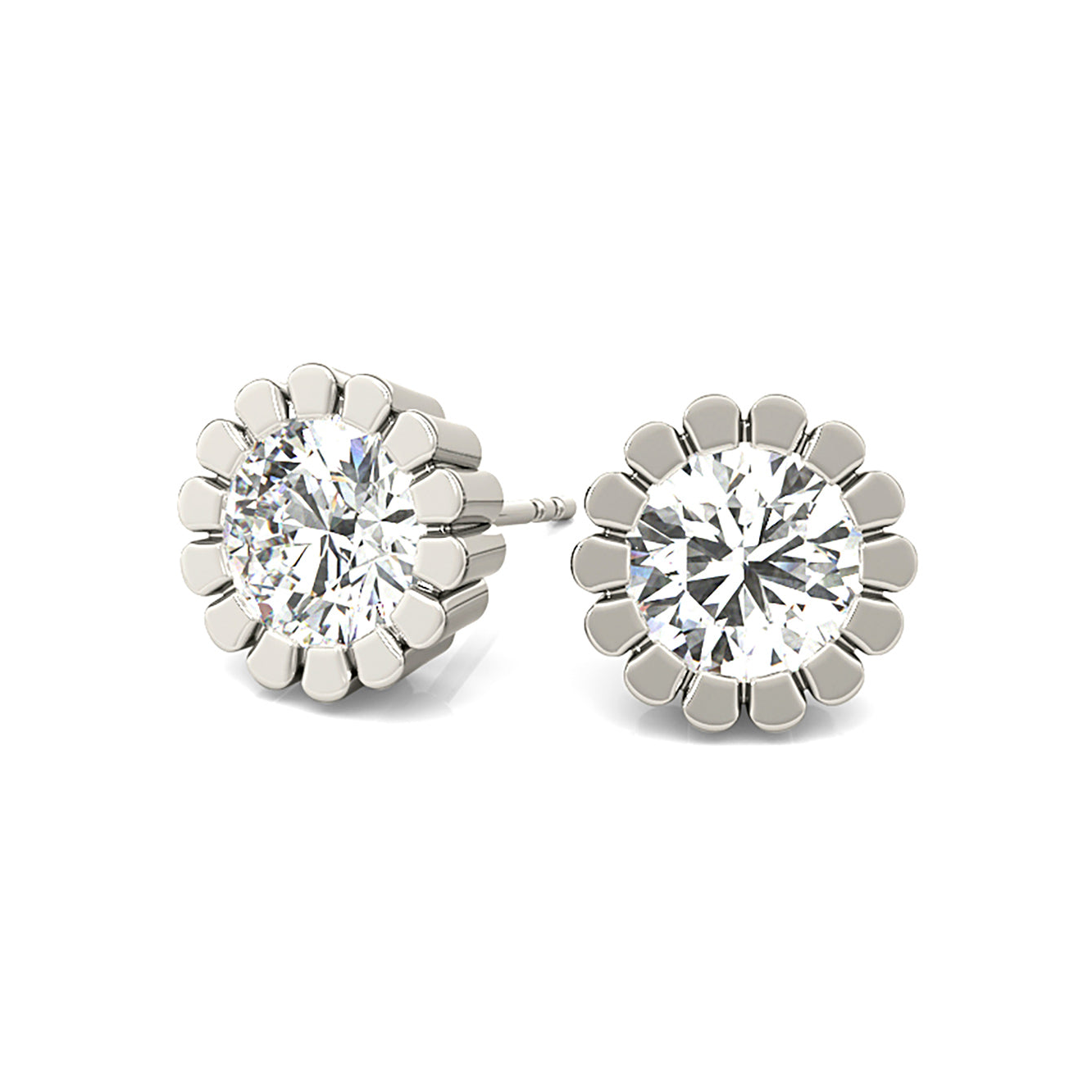 Flower Bezel Set Round Diamond Stud Earrings