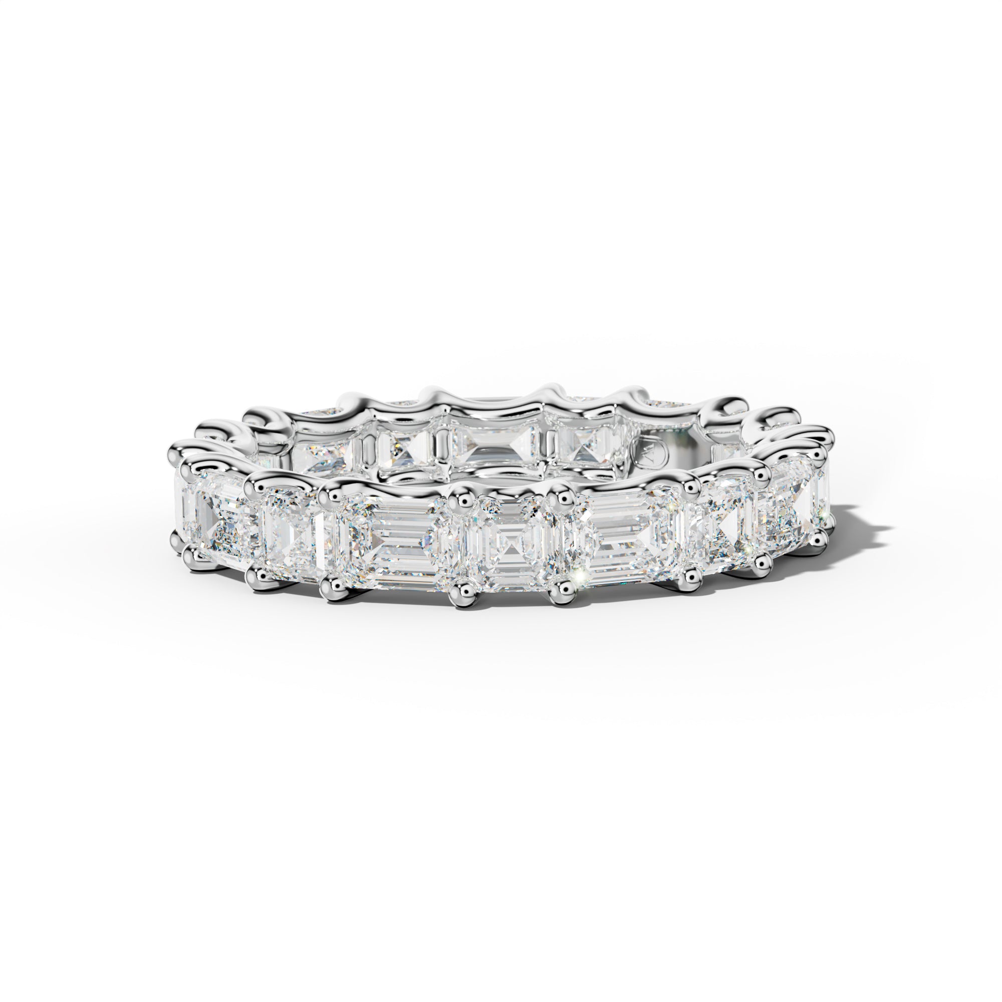 4.0 Carat East West Emerald and Asscher Diamond Eternity Band Shared Prong