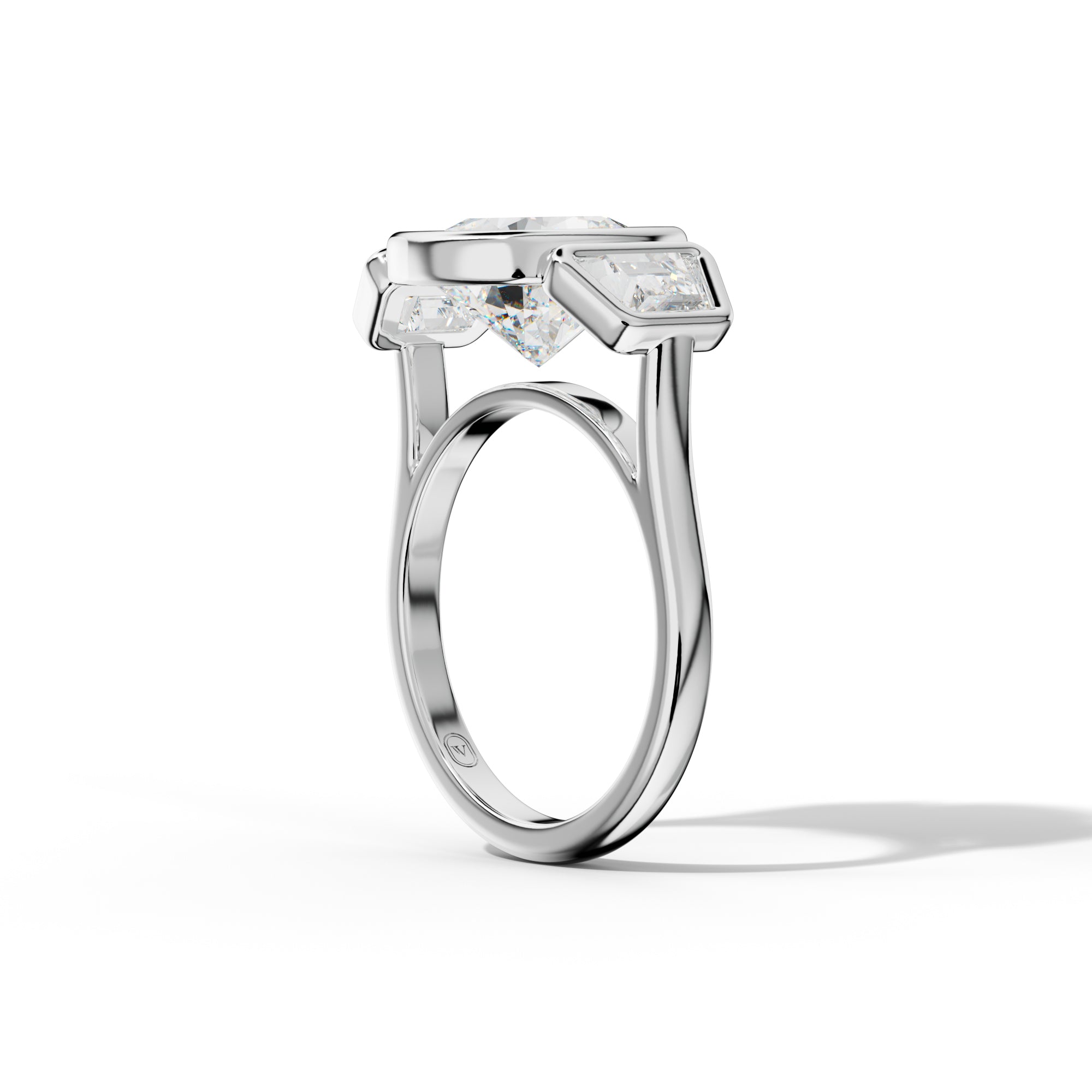 Cleo Cushion Center With Trapezoid Side Diamond Engagement Ring