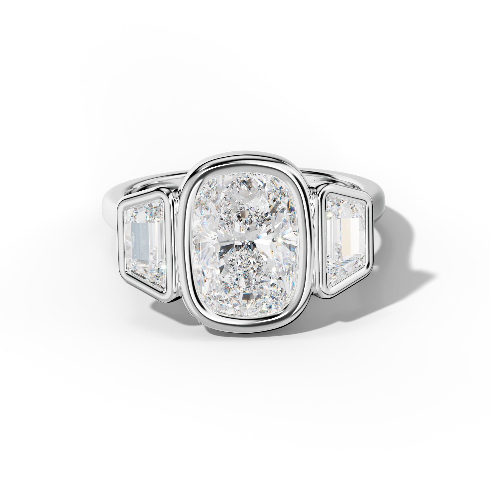 Cleo Elongated Cushion Center With Trapezoid Side Diamond Engagement Ring