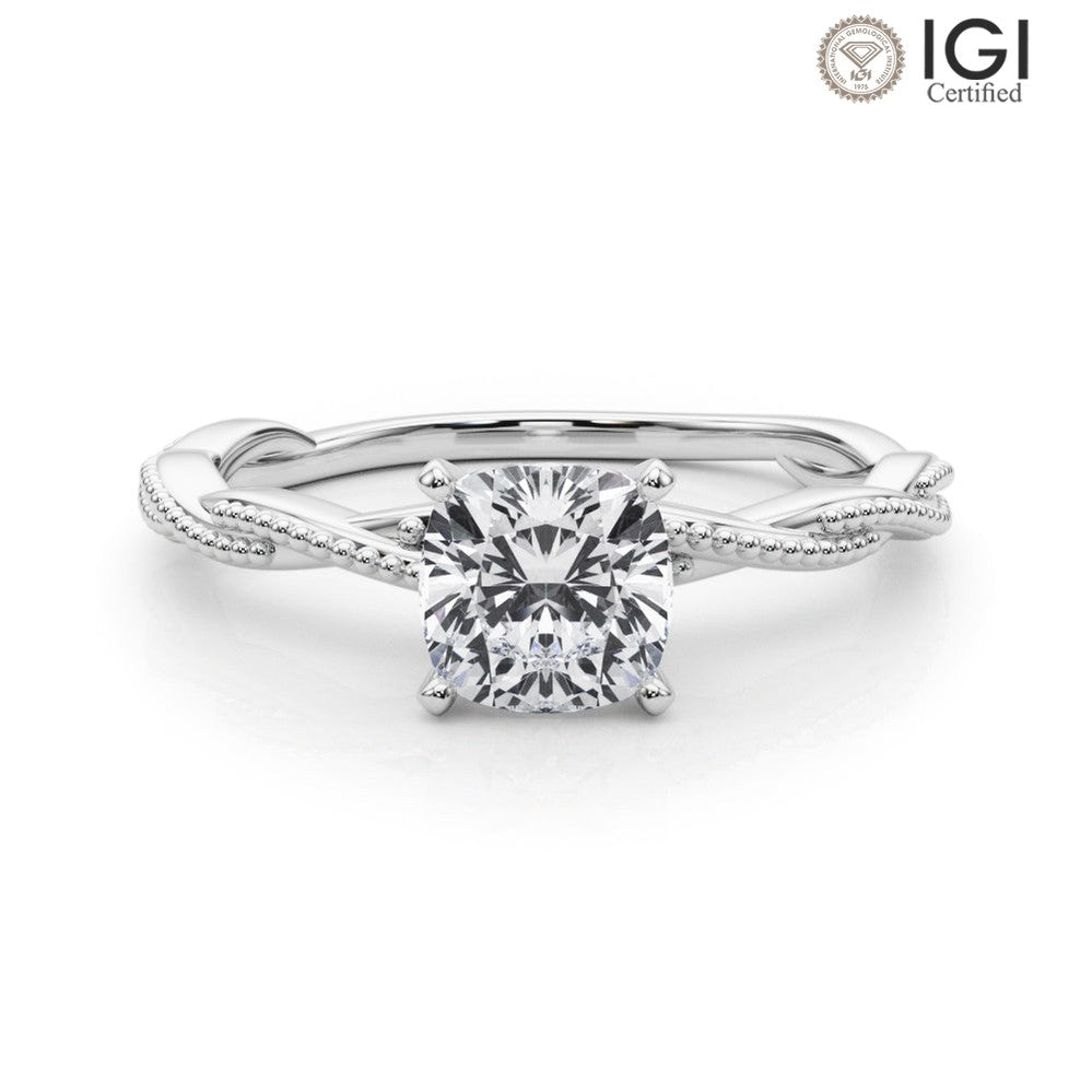 Anastasia Twisted Vine Cushion Lab Grown Diamond Solitaire Engagement Ring IGI Certified-VIRABYANI