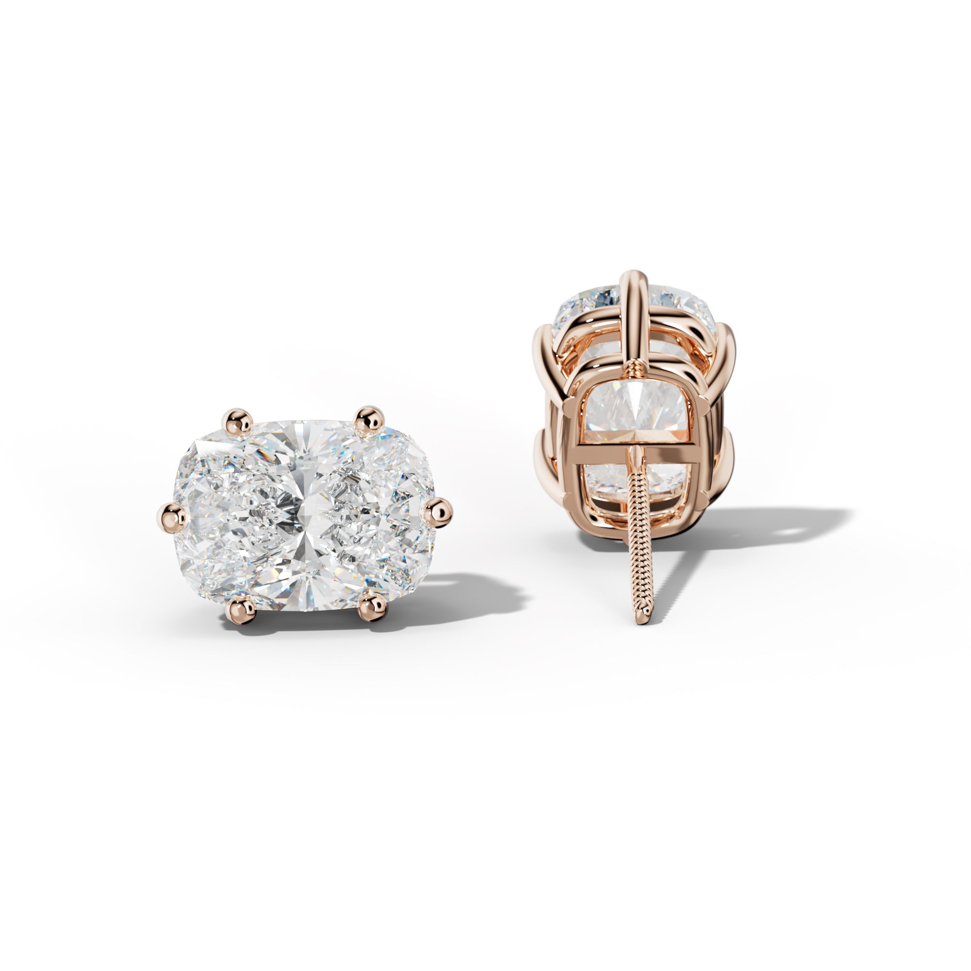 Elongated Cushion Diamond Stud Earrings With Classic Six Prongs