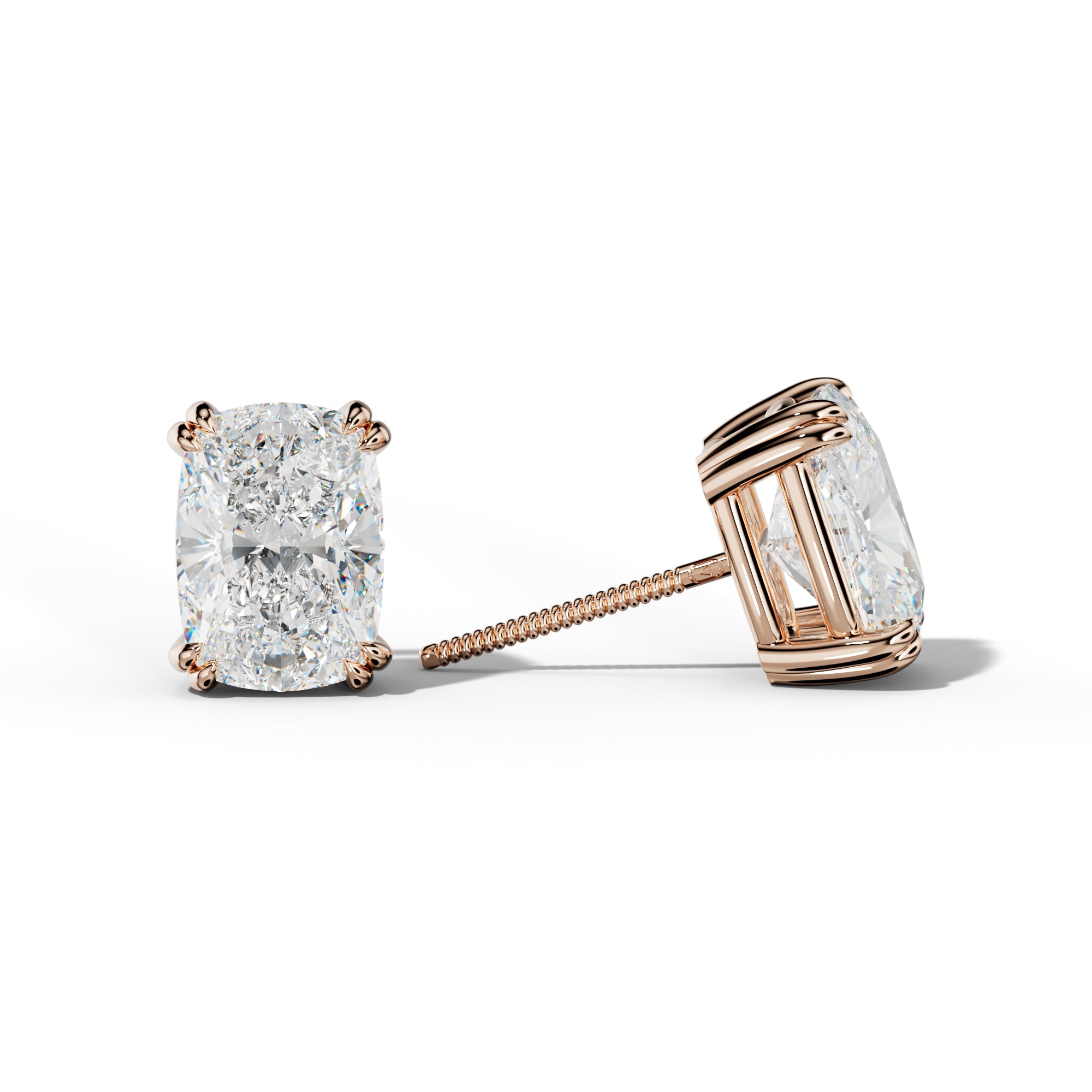 Elongated Cushion Diamond Stud Earrings With Claw Double Prongs