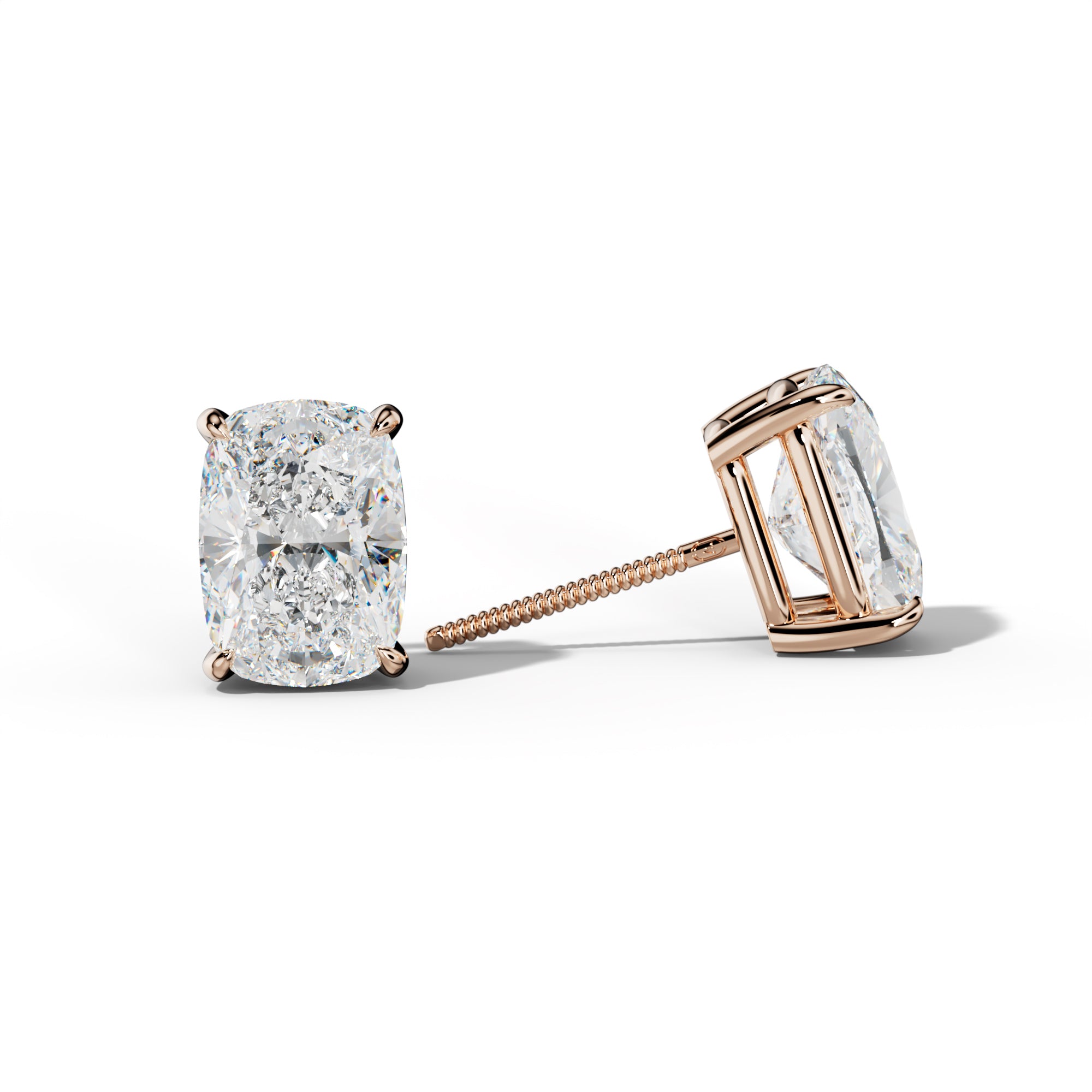 Elongated Cushion Diamond Stud Earrings With Four Claw Prongs