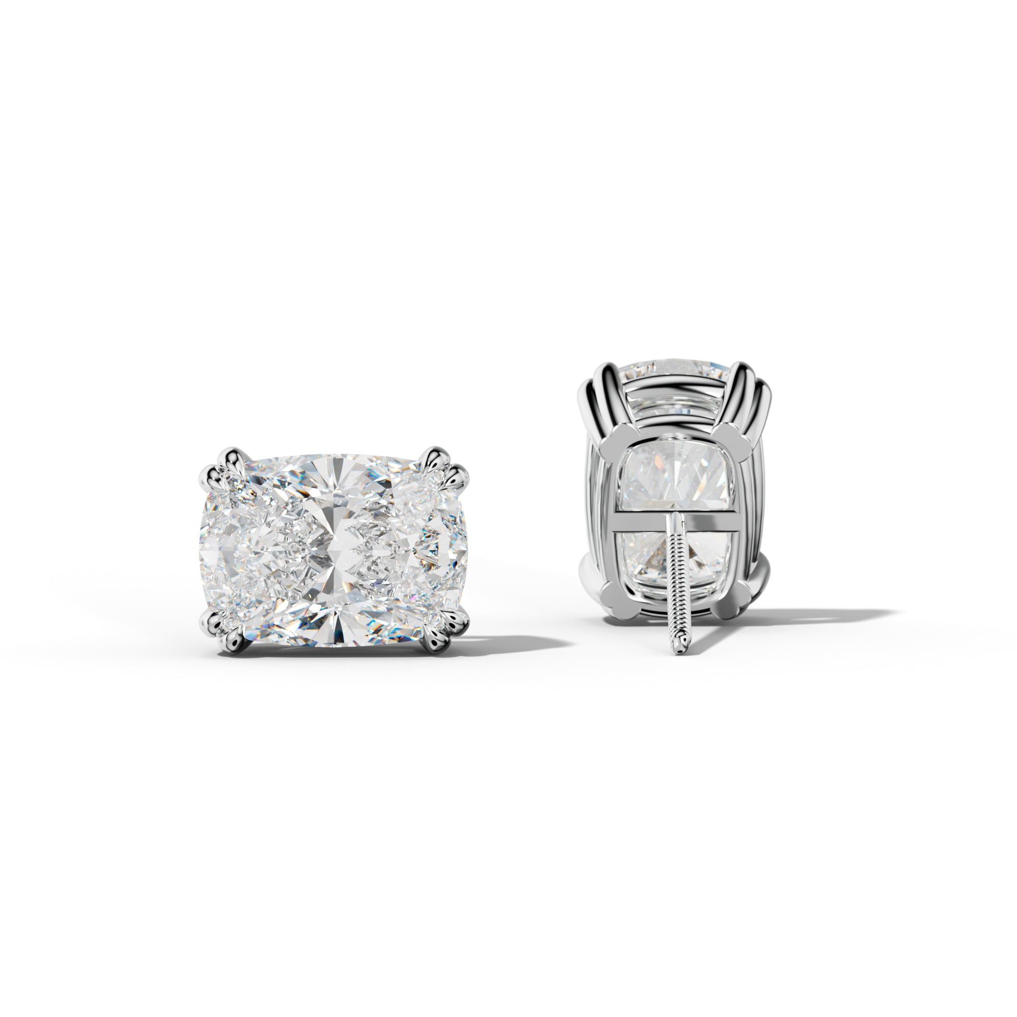 Elongated Cushion Diamond Stud Earrings With Claw Double Prongs